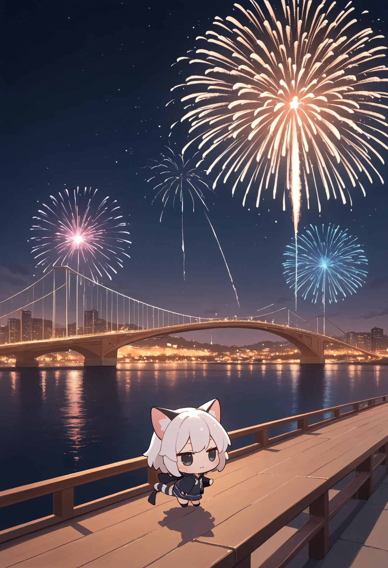 Best quality,Masterpiece, ,Manteau blanc,(Fox facial features,Physical characteristics of a fox,short shoulder length braided hair),Small stature,bit girl,((blonde body,blonde arms,blonde legs,green eyes, blonde fox tail)),city background at night, fireworks in sky, female, furry, anthro, legs spread, laying down, knees up, blushing, small , rubbing ,