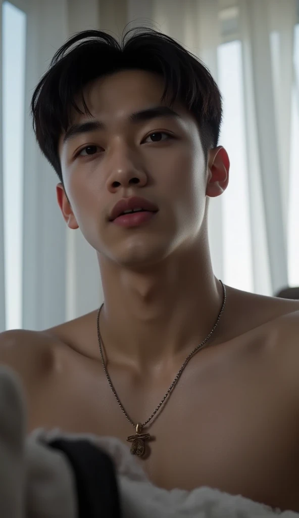 25 y.o., (one hand in own hair:1.5),1boy, handsome gentleman korean, (full body:1.5), (short black hair:1.5), (beautiful eyes:1.2),
(perfect hands, five fingers:1.3),
muscular,
best quality,masterpiece,ultra highres,photorealistic,realistic,
(looking at viewer:1.3),
(sitting on the floor, leaning against the door:1.5),
(shirtless:1.5), abs, pectorals,
(black pants), (bulge, panty bulge:1.3), indoor, necklace, tattoo on chest, natural lighting