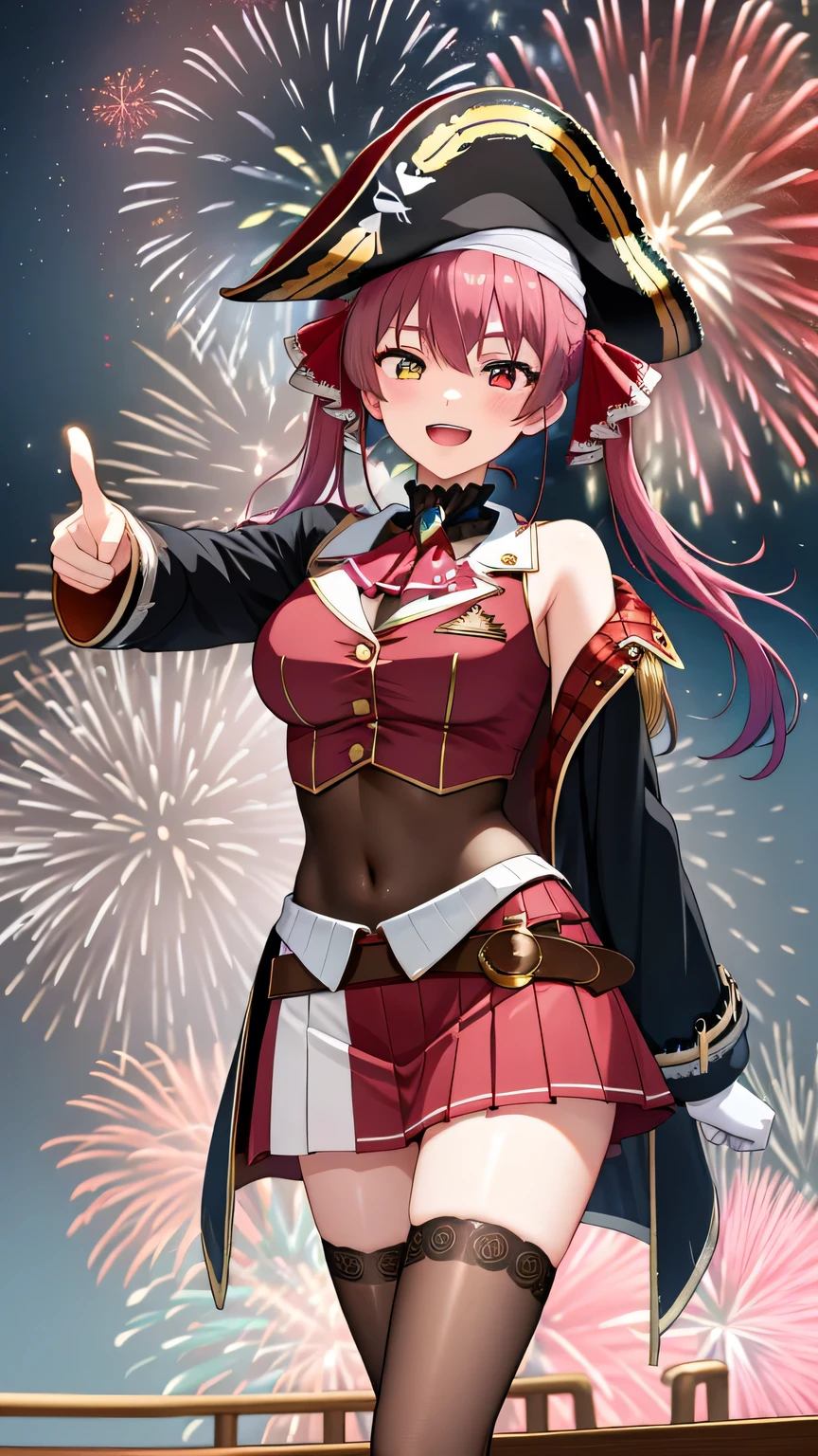 {{{masterpiece}}}, (best quality:1.5), (ultra-detailed:1.5), {illustration}, {{an extremely delicate and beautiful}}, (beautiful detailed eyes:1.6), absurdres, highres, extremely detailed face, 16k, hd, visual anime de uma jovem mulher, extremamente bonito rosto de anime, anime melhor garota, (perfect hands, perfect anatomy), (five fingers:1.1) anime face, Houshou Marine(Hololive), aamarine, 1girl, solo, cute face, long hair, red hair, twintails, hair ribbon, heterochromia, (red eyes:1.3), yellow eyes, breasts, large breasts, big hips, curvaceous, BREAK, black bicorne, pirate hat, black coat, long coat, long sleeves, off shoulder, red jacket, cropped jacket, sleeveless jacket, leotard, see-through, leotard under clothes, frilled choker, red ascot, white gloves, brown belt, red skirt, miniskirt, pleated skirt, leather belt, black thighhighs, thighs, zettai ryouiki, BREAK, pirate, smiling, looking at viewer, open mouth, on a pirate ship deck, standing, (pointing into the distance:1.5), legs apart, flushed cheeks, flash effect, outdoor, on the ship, with a pirate ship, night, (firework:1.5), large amount of fireworks, (peer in from below:1.3), (three-quarter view:1.4)