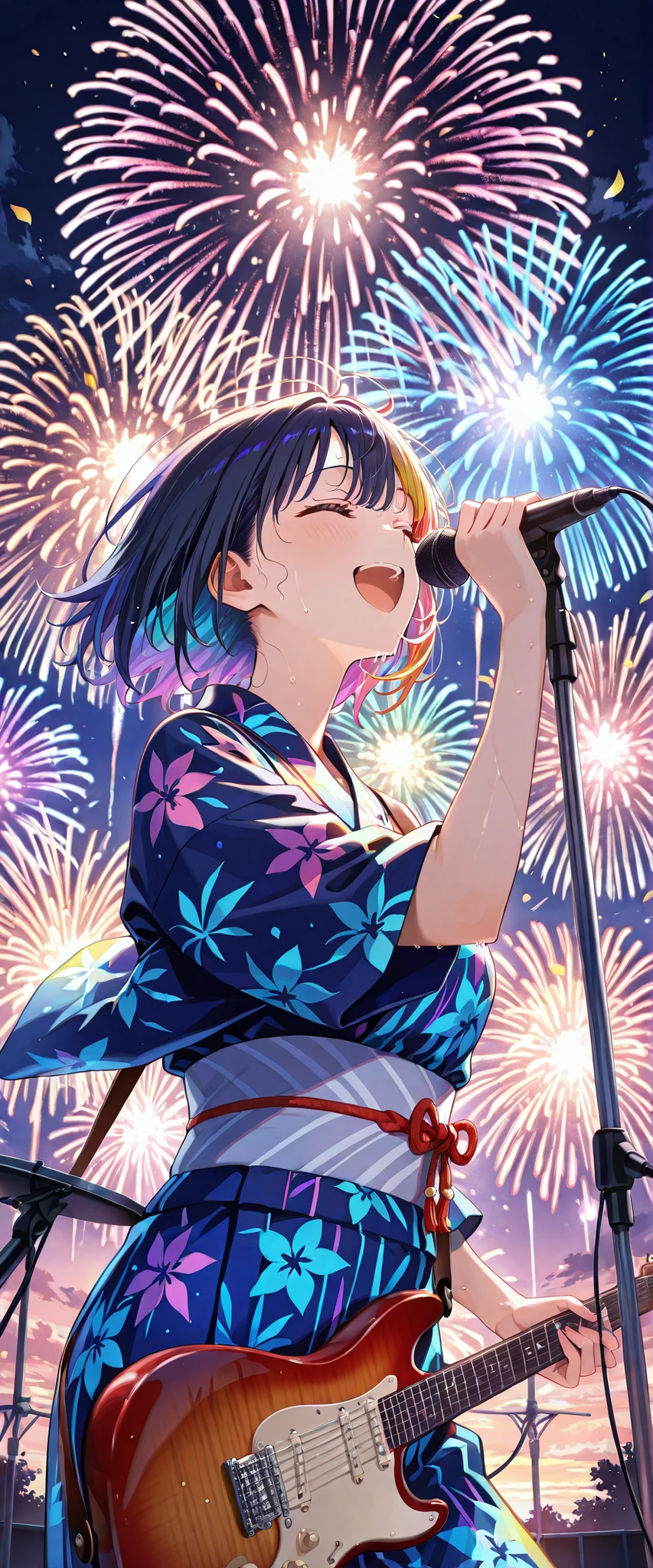 1girl,((masterpiece:1.2)),((detail face)),((aerial fireworks,colorful)),Night Sky,bust up,Extremely Aesthetic ,((short hair)),Blue Yukata,Outdoor live stage,(( electric guitar playing ,microphone stand,Singing passionately)),sweat,Strong winds,close your eyes,Smile and shout with all your might,high tension,Dynamic,Sound pressure ,Gust of wind,detailed face test,Dynamic Angle
