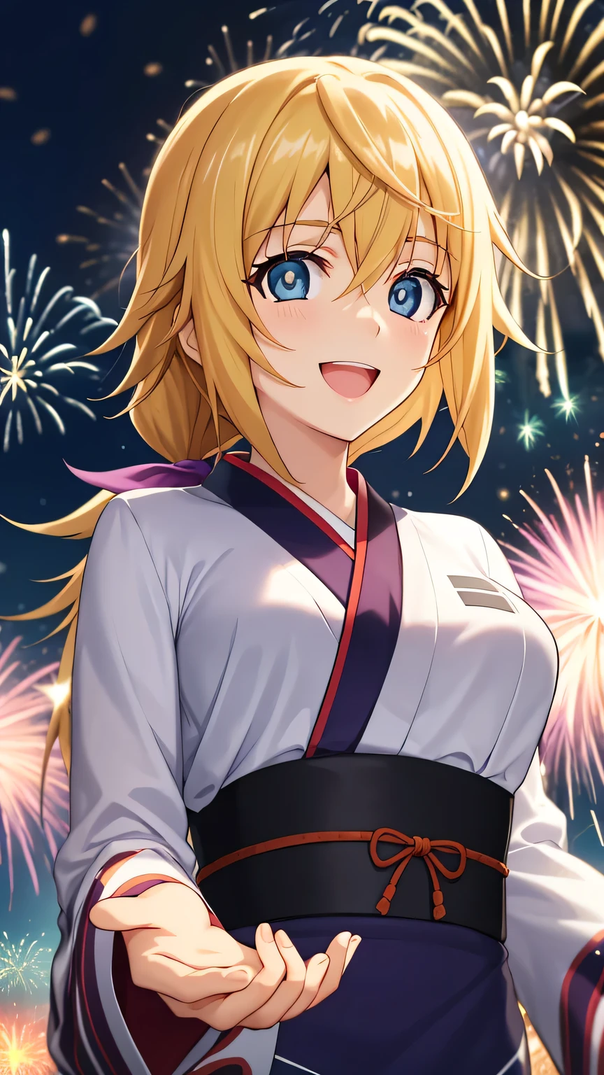 {{{masterpiece}}}, (best quality:1.5), (ultra-detailed:1.5), {illustration}, {{an extremely delicate and beautiful}}, (beautiful detailed eyes:1.6), absurdres, highres, extremely detailed face, 16k, hd, visual anime de uma jovem mulher, extremamente bonito rosto de anime, anime melhor garota, (perfect hands, perfect anatomy), (five fingers:1.1) anime face, sd1, charlotte dunois(Infinite Stratos), 1girl, solo, cute face, long hair, blonde hair, pink hair ribbon, hair between eyes, (purple eyes:1.2), ponytail, yellow pendant, medium breasts, big hips, curvaceous, BREAK, japanese clothes, yukata, long sleeves, wide sleeves, BREAK, (cute gestures:1.2), smile, open mouth, looking at viewer, flushed cheeks, flash effect, outdoor, mountain, night, forest, flower garden, field, moonlight, (firework:1.5), large amount of fireworks, (peer in from below:1.2), (upper body:1.5)