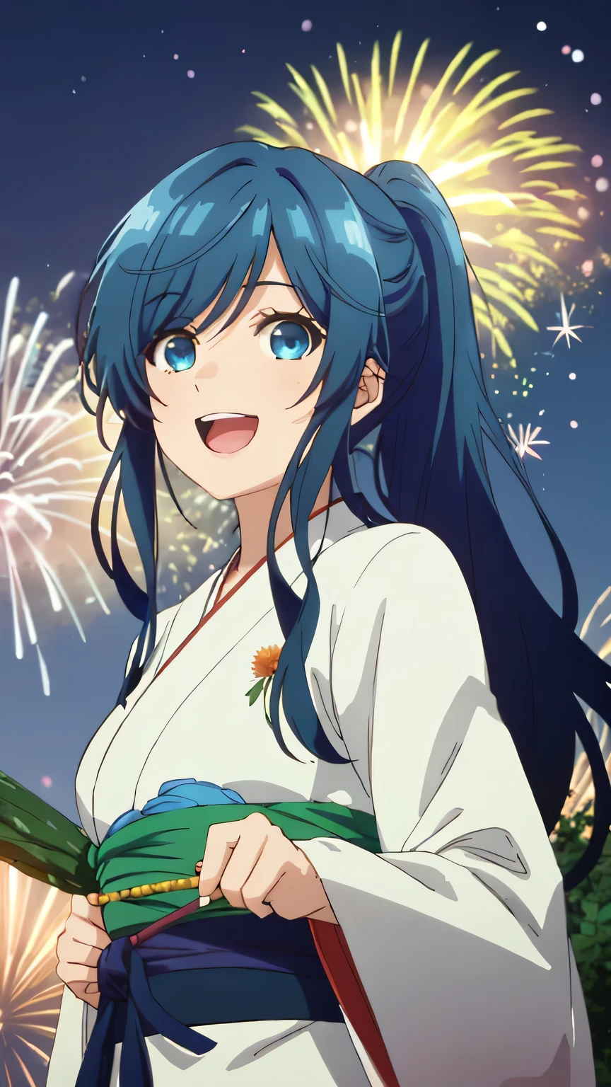 {{{masterpiece}}}, (best quality:1.5), (ultra-detailed:1.5), {illustration}, {{an extremely delicate and beautiful}}, (beautiful detailed eyes:1.6), absurdres, highres, extremely detailed face, 16k, hd, visual anime de uma jovem mulher, extremamente bonito rosto de anime, anime melhor garota, (perfect hands, perfect anatomy), (five fingers:1.1) anime face, nanami minami(Bottom-Tier Character Tomozaki), 1girl, solo, cute face, blue hair, long hair, ponytail, swept bangs, sidelocks, blue eyes, medium breasts, big hips, curvaceous, BREAK, japanese clothes, yukata, long sleeves, wide sleeves, BREAK, (cute gestures:1.2), smile, open mouth, looking at viewer, flushed cheeks, flash effect, outdoor, mountain, night, forest, flower garden, field, moonlight, (firework:1.2), large amount of fireworks, (peer in from below:1.2), (upper body:1.5)