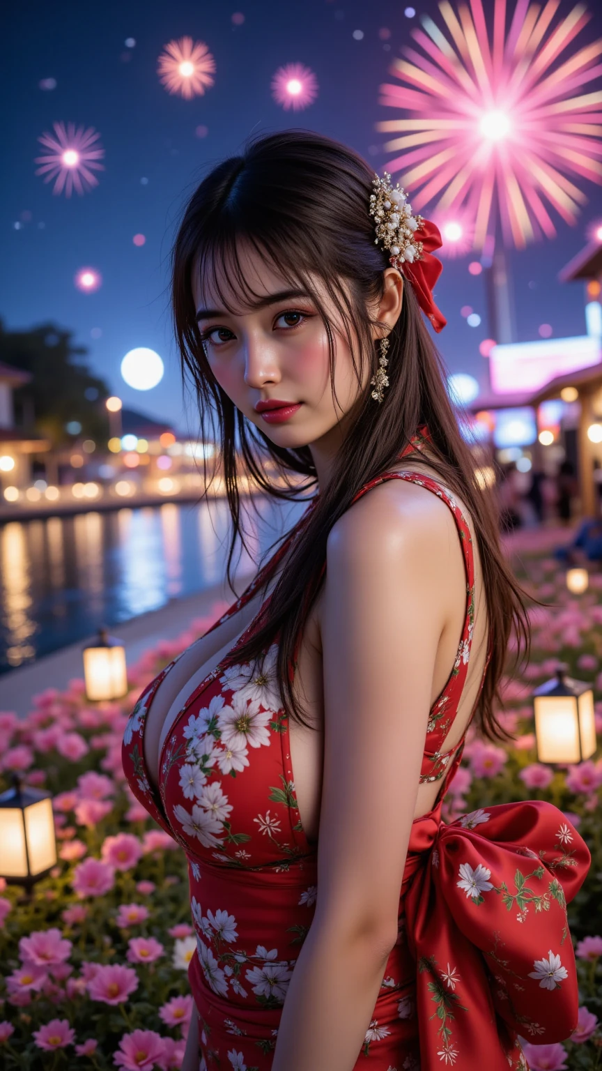 Fireworks, Highest quality, shape, Very detailed, In detail, High resolution, 8k wallpaper, Perfect dynamic composition, Beautiful details, Natural Lip, Floral red yukata, Big Breasts, Cleavage, She smiles as she walks., A masterpiece of the whole body, remote_play, remote_shake, Open your mouth, close your eyes, Exposed large breasts, sexy cloth, Silky skin