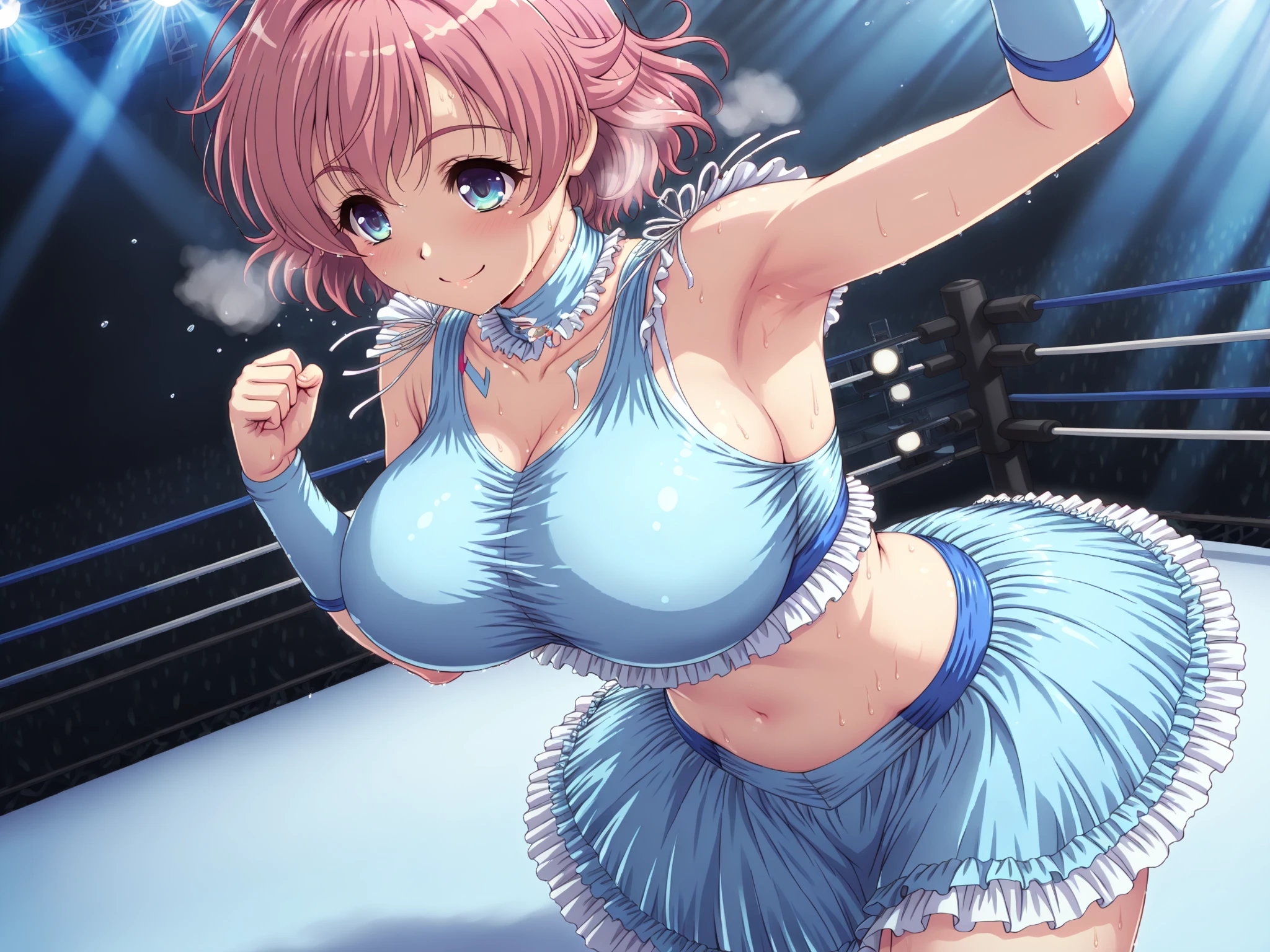 Ultra-high resolution, 1 Girl, 18-year-old, (Idols:1.4), (((Sakura Hagiwara:1.4))), (Beautiful detailed face:1),(Beautiful detailed face:1), , ((Best Quality)), Cinematic Light, ,Mood lighting, (((Perfect Anatomy:1.10))), (Finely detailed face:1.2), (Representative works:1.5), (Best Quality:1.2), looking at another, Lipstick, V Line Jaw, ((Prevents clothing from digging into the skin)), (((Sexual expressions:1.4))), ((Blushing:1.2)), (((Suffering expression:1.5))), ((Heavy breathing:1.3)), (The background is blurred), Glossy texture, Strong winds:1.3, (((Very long dark blue hair:1.4))), (Perfect Face:1.4), ((Shiny skin:1.2)), (very smooth skin), (((Excessive sweating all over the body:1.4))), (((Sweaty skin:1.3))), White Skin, Slender, Narrow nose, (Narrow waist:1), ((((Tired look:1.3)))), (Half-open mouth:1.3), (Saliva:1.1), (Medium size breasts:1.4), There is cleavage in the chest, Bangs, Light makeup, Small Ass, ((Pro Wrestling Match Venues:1.3)), ((Inside the professional wrestling ring:1.3)), ((Sexy wrestling costume design:1.3)), (Pure white wrestling costume:1.3), ((Intricately designed white wrestling costume with pink lines:1.3)), (Patent leather long wrestling boots), Thimble Skin Gloves, ((Face up:1.3)), (((Lie on your back:1.3))), (Spread your legs), (((Top view))), ((((High angle)))), ((((Does not depict genitalia)))),