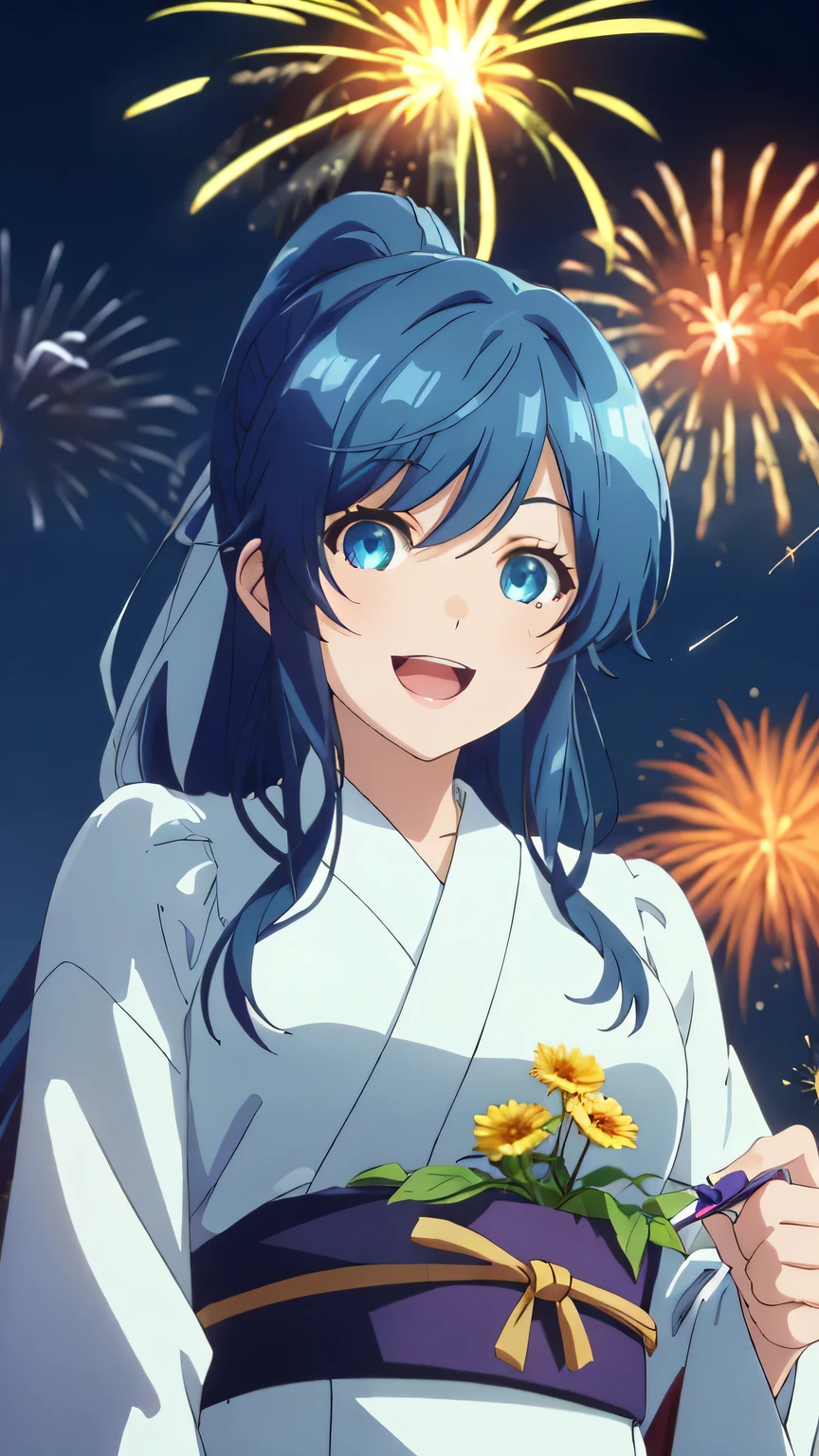 {{{masterpiece}}}, (best quality:1.5), (ultra-detailed:1.5), {illustration}, {{an extremely delicate and beautiful}}, (beautiful detailed eyes:1.6), absurdres, highres, extremely detailed face, 16k, hd, visual anime de uma jovem mulher, extremamente bonito rosto de anime, anime melhor garota, (perfect hands, perfect anatomy), (five fingers:1.1) anime face, nanami minami(Bottom-Tier Character Tomozaki), 1girl, solo, cute face, blue hair, long hair, ponytail, swept bangs, sidelocks, blue eyes, medium breasts, big hips, curvaceous, BREAK, japanese clothes, yukata, long sleeves, wide sleeves, BREAK, (cute gestures:1.2), smile, open mouth, looking at viewer, flushed cheeks, flash effect, outdoor, mountain, night, forest, flower garden, field, moonlight, (firework:1.2), large amount of fireworks, (peer in from below:1.2), (upper body:1.5)