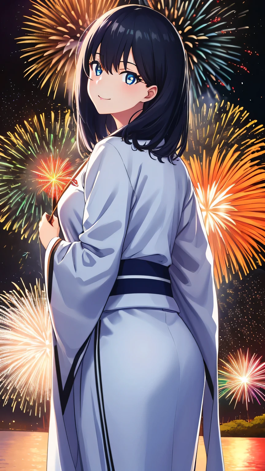 {{{masterpiece}}}, (best quality:1.5), (ultra-detailed:1.5), {illustration}, {{an extremely delicate and beautiful}}, (beautiful detailed eyes:1.6), absurdres, highres, extremely detailed face, 16k, hd, visual anime de uma jovem mulher, extremamente bonito rosto de anime, anime melhor garota, (perfect hands, perfect anatomy), (five fingers:1.1) anime face, Rikka, rikka takarada(SSSS.Gridman), cute face, 1girl, solo, black hair, medium hair, sidelocks, blue eyes, (High resolution eyes, Beautiful eyes, Light in the eyes), medium breasts, big hips, curvaceous, plump thighs, BREAK, japanese clothes, yukata, long sleeves, wide sleeves, BREAK, cute face, smiling, standing on flower, peer in from below, outdoor, night, mountain, forest, (firework:1.5), large amount of fireworks, (cute gestures:1.2), mysterious, from side