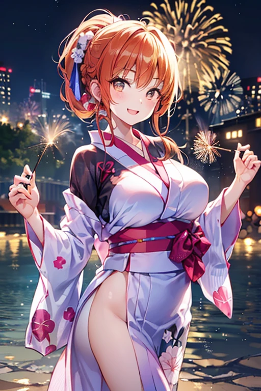 (Highest quality,4K,8k,High resolution,masterpiece:1.2),Very detailed,32-year-old woman、(((Mature Woman))), (((Mature Woman))), 独奏, cowboy shot, lookiing fireworks, Seduce viewers, blush、Large Breasts, Cleavage、Beautiful Eyes、Orange Hair、Moss green eyes、Red lips, ((ponytail)), (Drill Hair), ((forehead)),  Very cute face, Glossy Lips, Double eyelids on both eyes,Natural smile、Tight waist、Sexy ass、Natural Makeup, Long eyelashes, Shiny and smooth hair、Japanese yukata costume、geta、Flower Hair Ornaments、night、Fireworks display、Colorful fireworks、Sit on a bench, spread legs, panties、cameltoe、from the front、Shallow depth of field