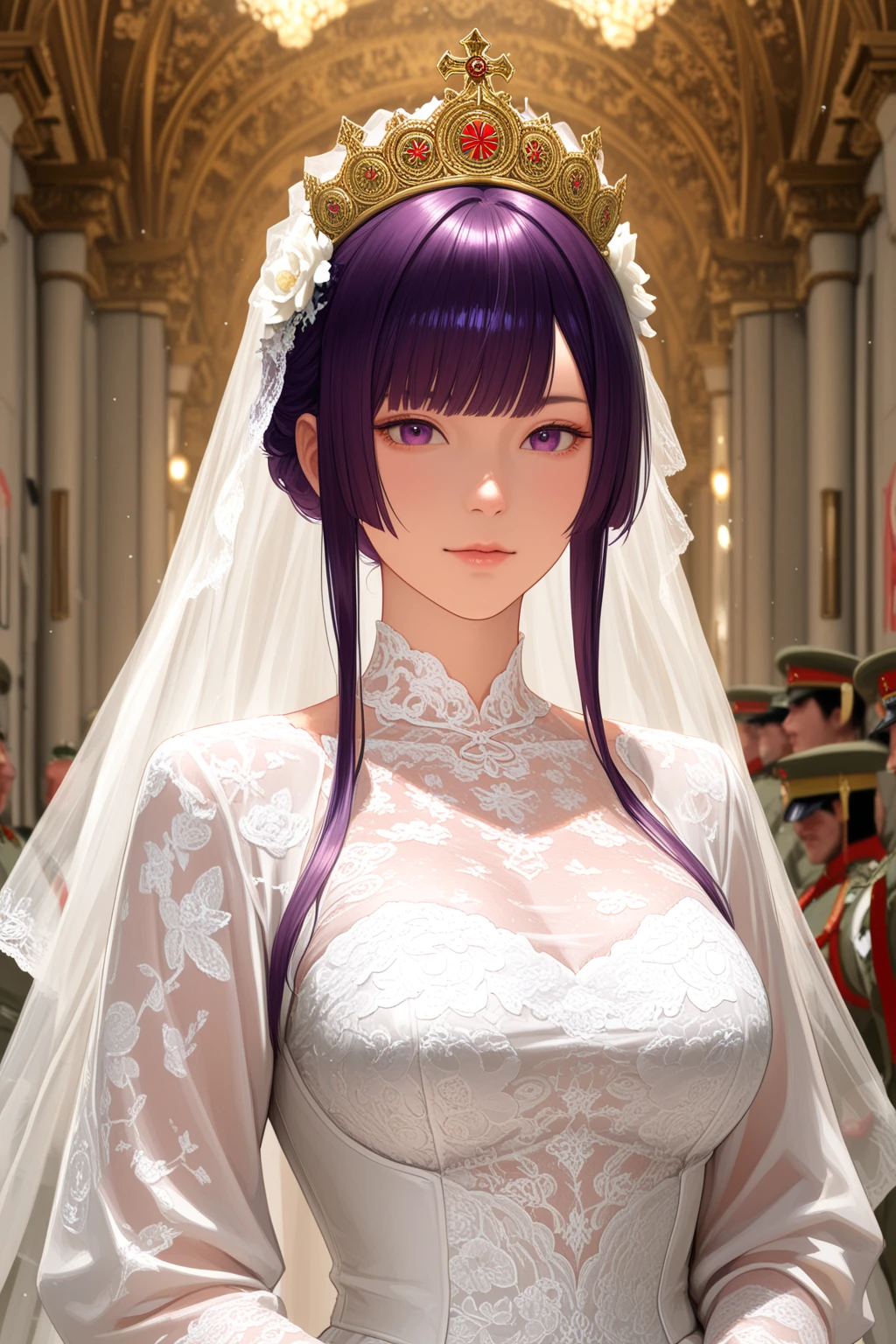 (best quality, high definition, masterpiece:1.2,), Illustration, night, 1girl, full body, (wedding dress), arm behind back, waiting for kiss, looking at viewer, happy, blush,