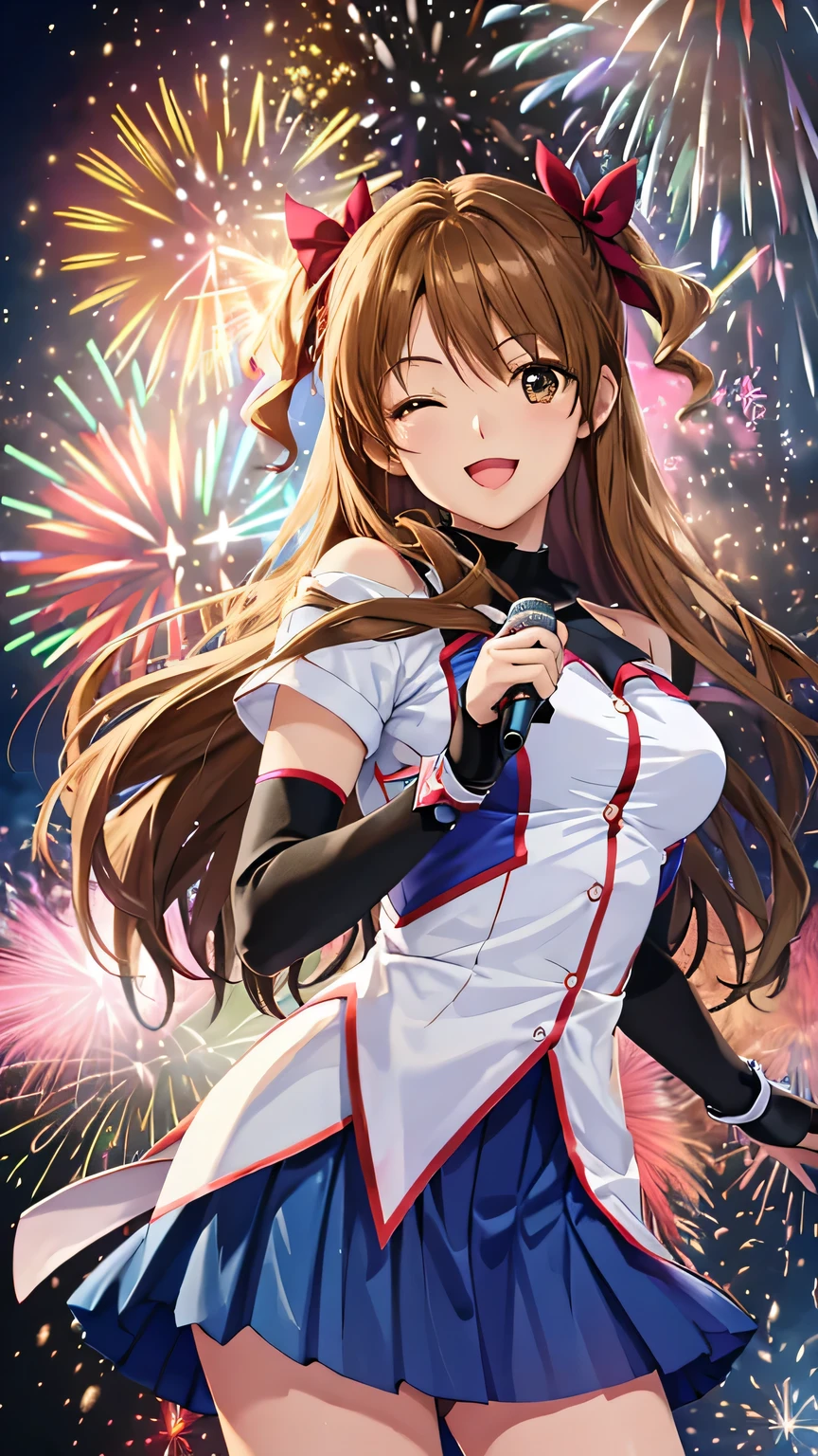 {{{masterpiece}}}, (best quality:1.5), (ultra-detailed:1.5), {illustration}, {{an extremely delicate and beautiful}}, (beautiful detailed eyes:1.6), absurdres, highres, extremely detailed face, 16k, hd, visual anime de uma jovem mulher, extremamente bonito rosto de anime, anime melhor garota, (perfect hands, perfect anatomy), (five fingers:1.1) anime face, Ogata Rina(WHITE ALBUM), 1girl, solo, cute face, brown hair, long hair, two side up, hair bow, (brown eyes:1.5), hair between eyes, bangs, medium breasts, thin waist, big hips, curvaceous, BREAK, stage costume, white shirt, off-shoulder shirt, black gloves, fingerless gloves, elbow gloves, mini skirt, pleated skirt, blue skirt, BREAK, 1girl, solo, smile, open mouth, one eye closed, microphone, dancing, jumping, sing, singing, joyful, cute pose, dynamic pose, dynamic angle, outodoor, night, stage, on stage, audience, (firework:1.5), large amount of fireworks, fluttering skirt, peer in from below, cowboy shot