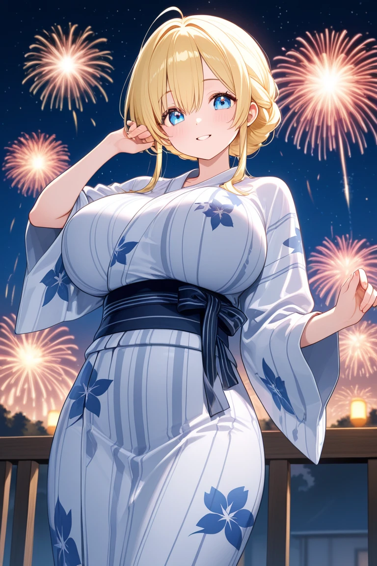 ((one personの女性)), Beautiful Face,Shyly,((Close ~ eyes:2.0)),Sweat,Please open your mouth wide,turn bright red,Glossy pink lips,night,Luxurious Japanese-style room,firework, ((Anime style background)),masterpiece, highest quality, so beautiful, up to date, Complex details, (Pink long nails),AI-generated, Complex,High resolution, highest quality, super high quality,3D Images、View your audience、3D Images,one person,Long Blonde Hair,High Ponytail,blue eyes,Anime woman posing for a photo, [[Fine grain、Colorful eyes、Shining Eyes:1.15]],(Squint your eyes:1.1),a hyperRealistic , hyperRealistic , Realistic,Blonde anime woman with long hair, Smooth anime CG art, A woman in a colorful kimono with gold embroidery, (Black kimono),Red floral pattern,Long flower hair ornament,Big earrings,(Big Breasts:1.7),Mature Body,expensive,Big Ass,Fine details,Narrow waist,Abdominal muscles,Shooting from an angle,Touching the nipple with your fingers,((Breast milk squirting from nipples:2.0))