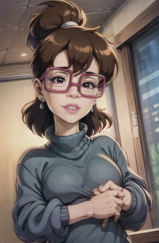 1girl, Velma from scooby-doo, solo, fat (fat body), brown hair, black eyes, square glasses, orange turtleneck blouse and red skirt,  eyeliner, looking at viewer, lips, black bob cut, blunt bangs, blush, standing, upper body, face focus, outdoors, horror \(theme\), night, fog egirlmakeup, backwards, looking back