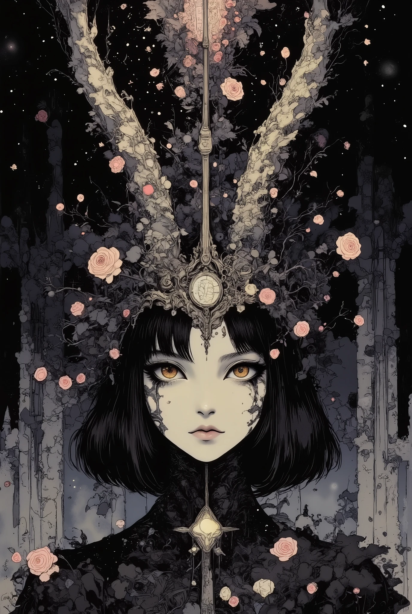 A surreal and gothic anime-style portrait. Only the lower half of a beautiful girl's face is visible at the bottom of the frame — her expression serene and enigmatic. She has pale porcelain skin, black straight hair with short bangs (bob cut) partially covering her forehead. From the top of her head rise two long, elegant horns that curve slightly and extend upward, dominating the rest of the composition. These horns are intricately carved with ornate gothic details: cathedral windows, tiny gargoyles, lace-like tracery, stained glass patterns, and filigree motifs, resembling medieval stonework. Twining around the horns are delicate dark vines, wilted roses, and patches of dark flora and vegetation, suggesting nature reclaiming something ancient and supernatural. The background is minimal and atmospheric — misty and shadowed, with faint silhouettes of gothic architecture fading into the distance. The lighting is soft and moody, highlighting the textures of the horns and casting gentle shadows across her pale skin. The entire image feels like a fusion of dark fantasy and sacred iconography — beautiful, mysterious, and haunting.

