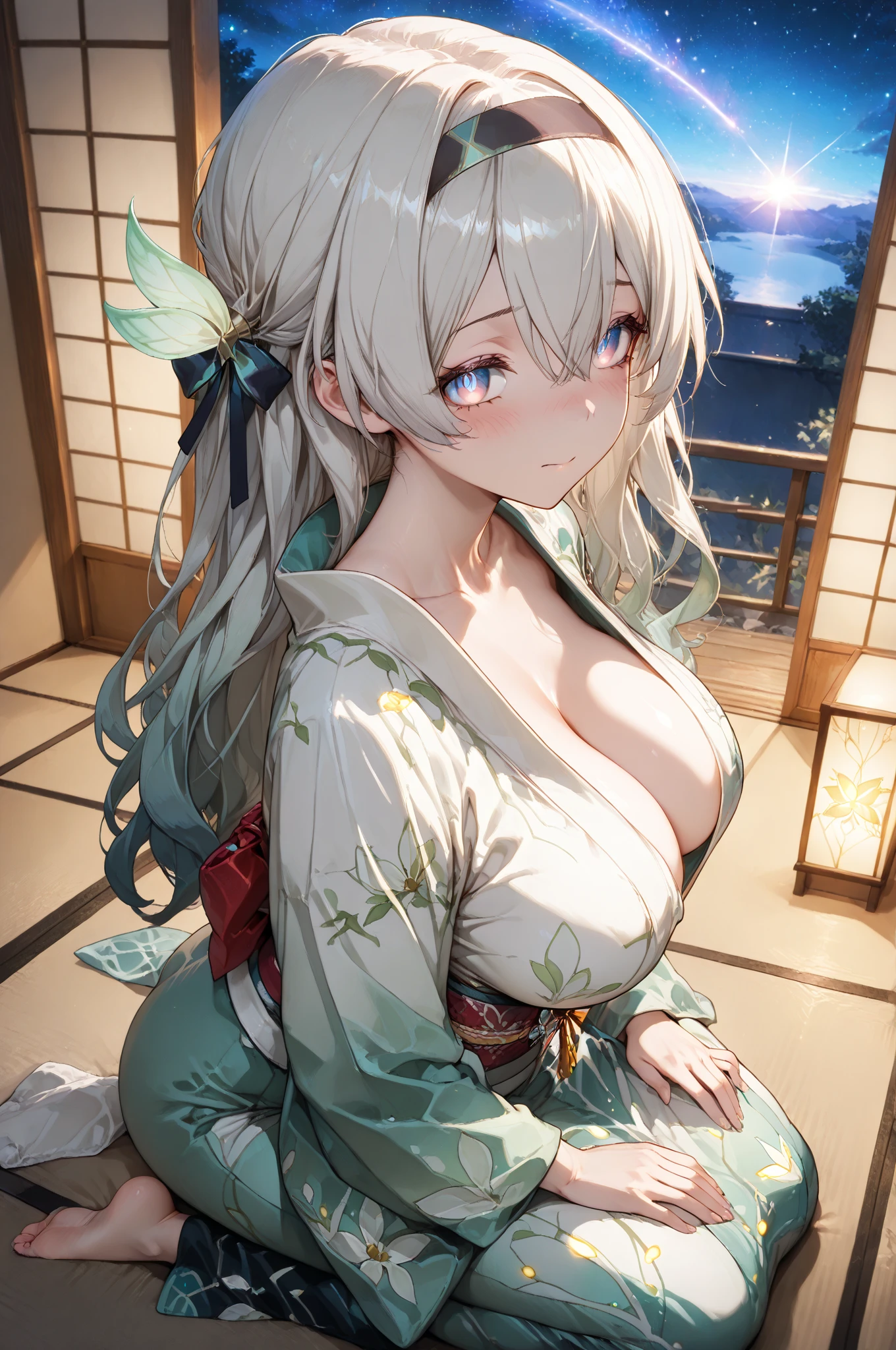 top-quality、hight resolution、she looks so big, Beautiful, perfectly round chest.、very thin eyebrows、made up eyelashes、Young face、a junior high school student、Russian、girl with very big bust、clear cleavage、length hair、Silvery hair、Beautiful toned breasts、very small nipples、独奏、blue eyess、slenderbody、wears kimono very loosely、Kamimei、Looking here、sleepy eyes、I can see my stomach、Angle from above