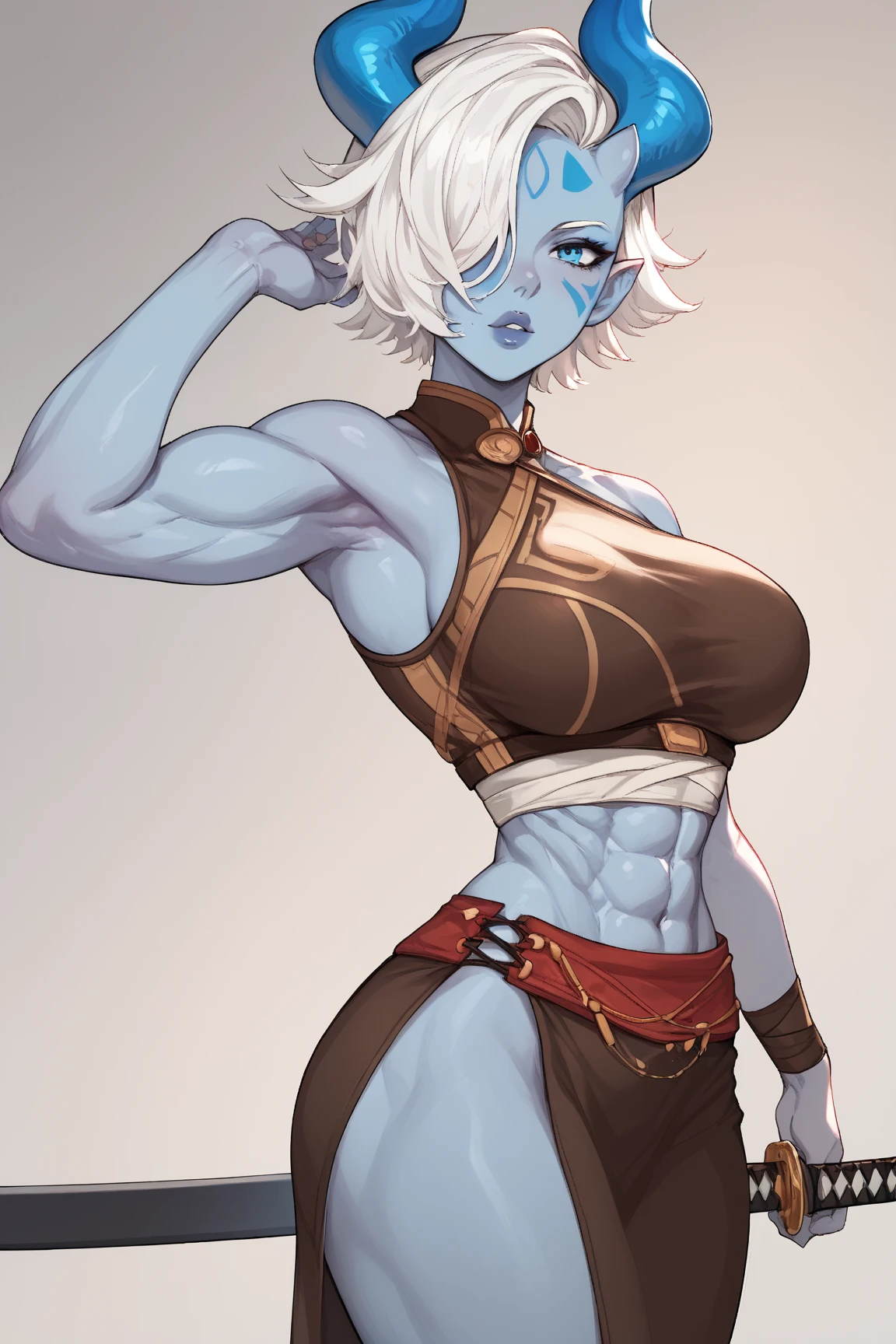 female, large breasts, draenei, biting lip, blushing, blue skin, white hair, muscular, thicc tail, tall, slim, beach, front pov, facing viewer, camel toe, blue skin, leather shorts, ??? on tits