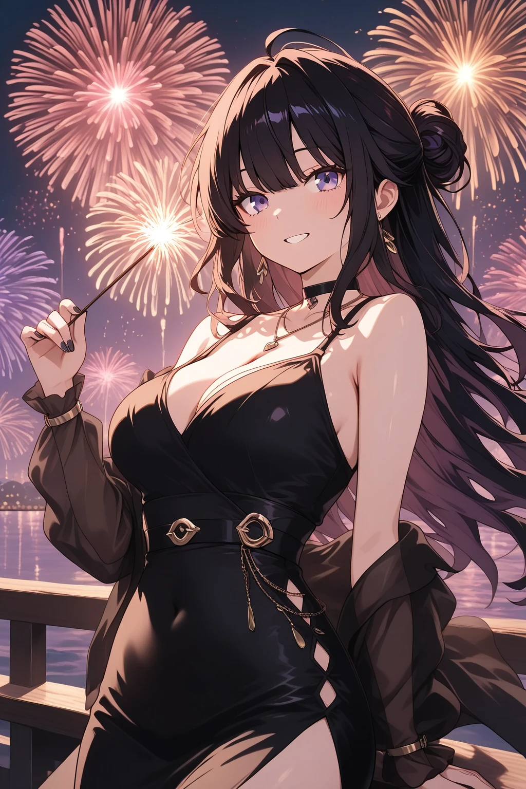 最high quality、Best image quality、masterpiece、With a girl((cute、20-year-old、Best Bust、Medium Bust、Beautiful Blue Eyes、Spread your chest wide,Black Hair、ponytail、Disheveled Hair、thin、Highest Valley、Blue Tank Top、Blue shorts、smile、Beer を持つ、Drunk、necklace、Wristband、Back view)）high quality、Beautiful art、background((night、festival、stall、Fireworks、Beer )),Tabletop、Exquisite design、Visual Arts、Written boundary depth、Best lighting、Highest detail、8ｋ