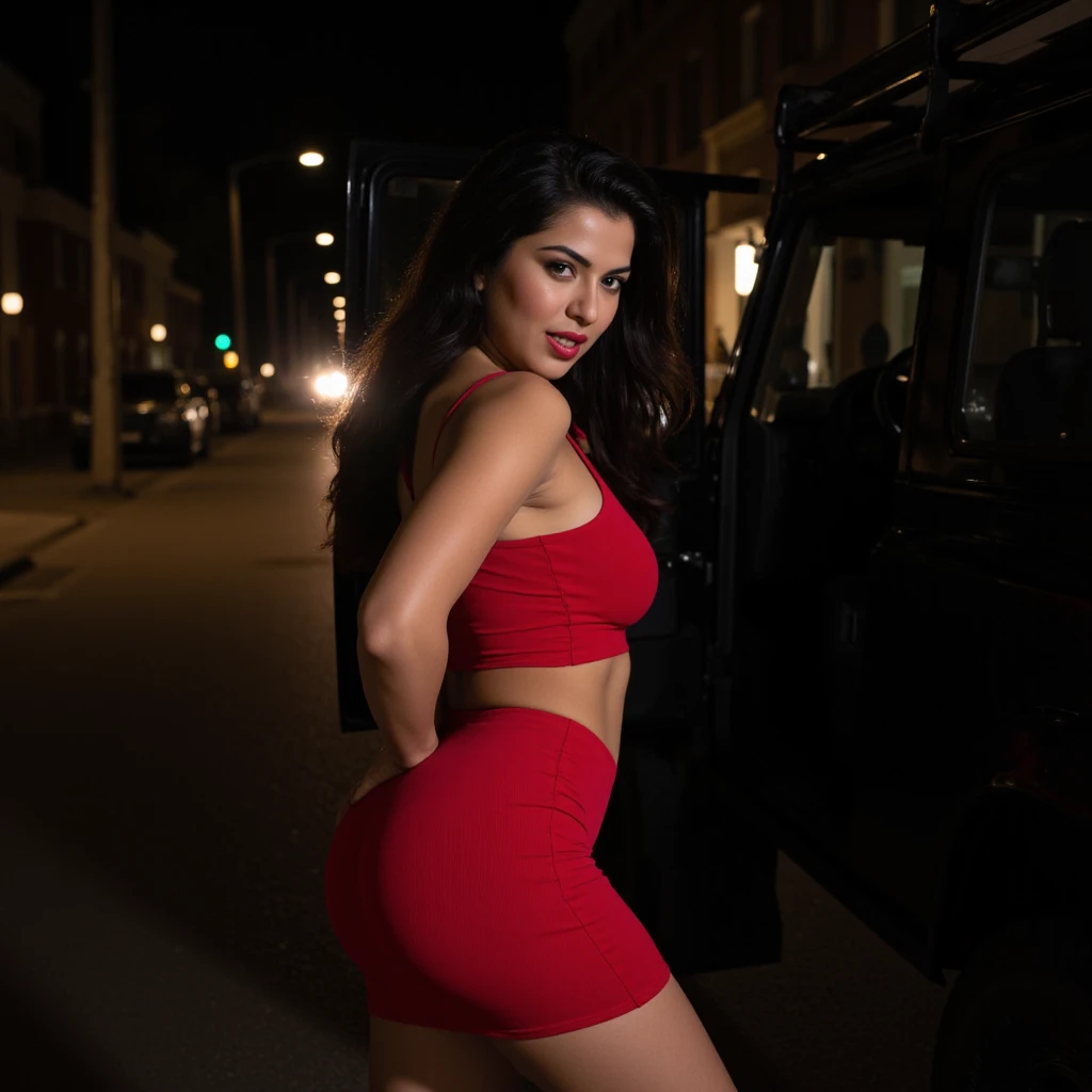 ((Brazilian woman photo)), bottomless wet, NSFW, beautiful, perfect fair skin, short wavy black hair, curvy body shape, perfect body, thin lips, thin eyes, thin eyebrows, thin nose, earrings, long eyelashes (red eyeshadow and makeup), 8k, intricately maximalist details, extremely detailed, backlit, romantic lighting, epic, soft, crowded, shallow depth of field, excellent breasts, huge, breasts, excellent ass, huge, sexy dressed, tight clothes, fully dressed but sexy, red dress