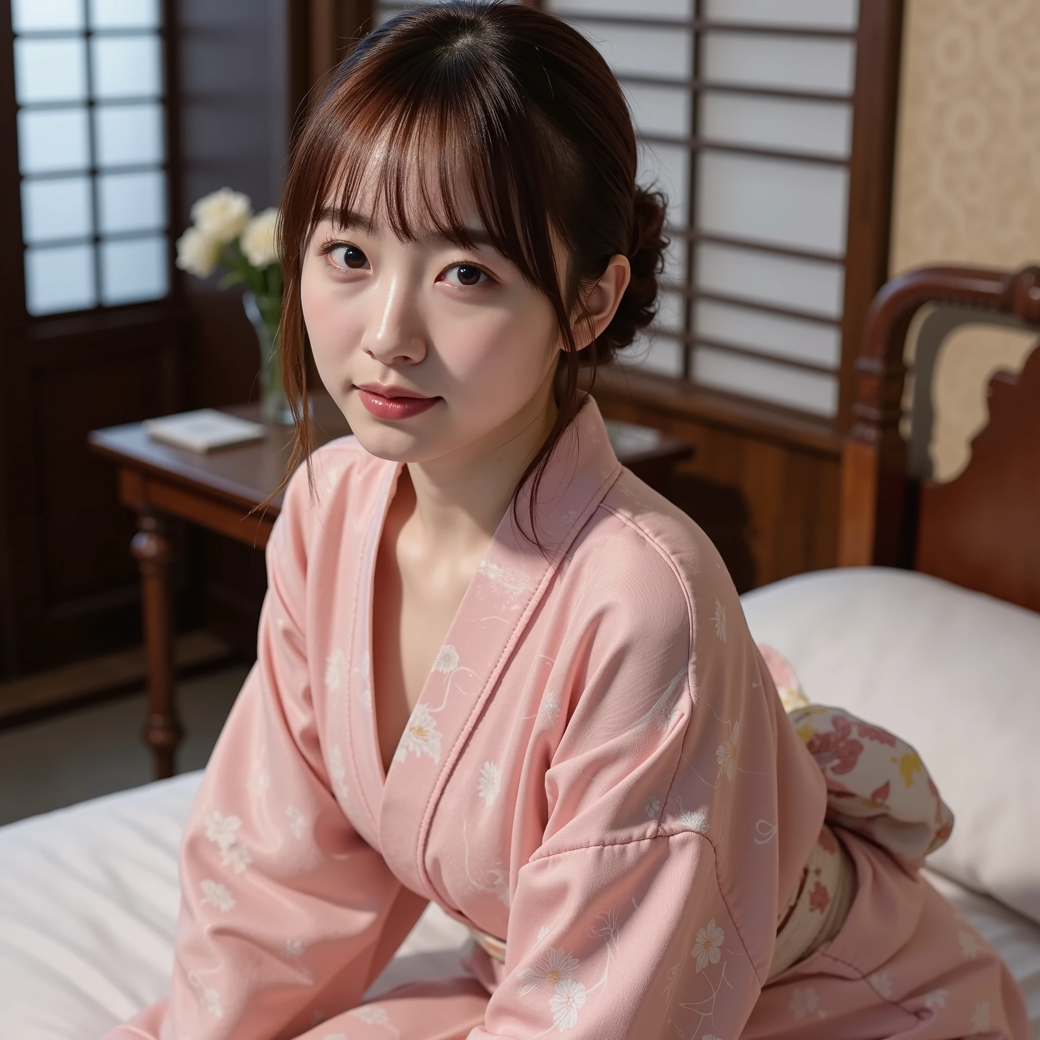 (masterpiece: 1.3), (max resolution: 1.2), (Ultra HD TV: 1.2), cinematic light, 8K Resolution, detailed facial features , (sharp focus: 1.2）, (focus on the face:1.2),perfect style, beautiful face, Acura, anatomically accurate, Highly Detailed Face and Skin Textures, Beautiful Eyes,Beautiful Eyes, thin eyebrows, Natural Cheeks, Beautiful skin, Fair skin: 1.2, (pink floral yukata、shiny lips: 1.4),、 (Embarrassed Expressions: 1.2),Highly Detailed Face and Skin Textures, Natural Cheeks, , shiny lips: 1.4,perfect style、Disconnect、Soft Breasts、、 drenched in sweat、blush、、 open your knees、spread your legs、pink floral yukata、disheveled clothes、Sweating、 （（（ She's wearing a pink yukata. :999）））, Tall Woman,1 person、 chest facing upward, Japanese-style room、Late Night、maroon hair、Beautiful Eyes、(Kimono:1.3)、（behind、ベッドでlay down、lay down、white sheets:1.7）There is antique Japanese furniture next to the bed