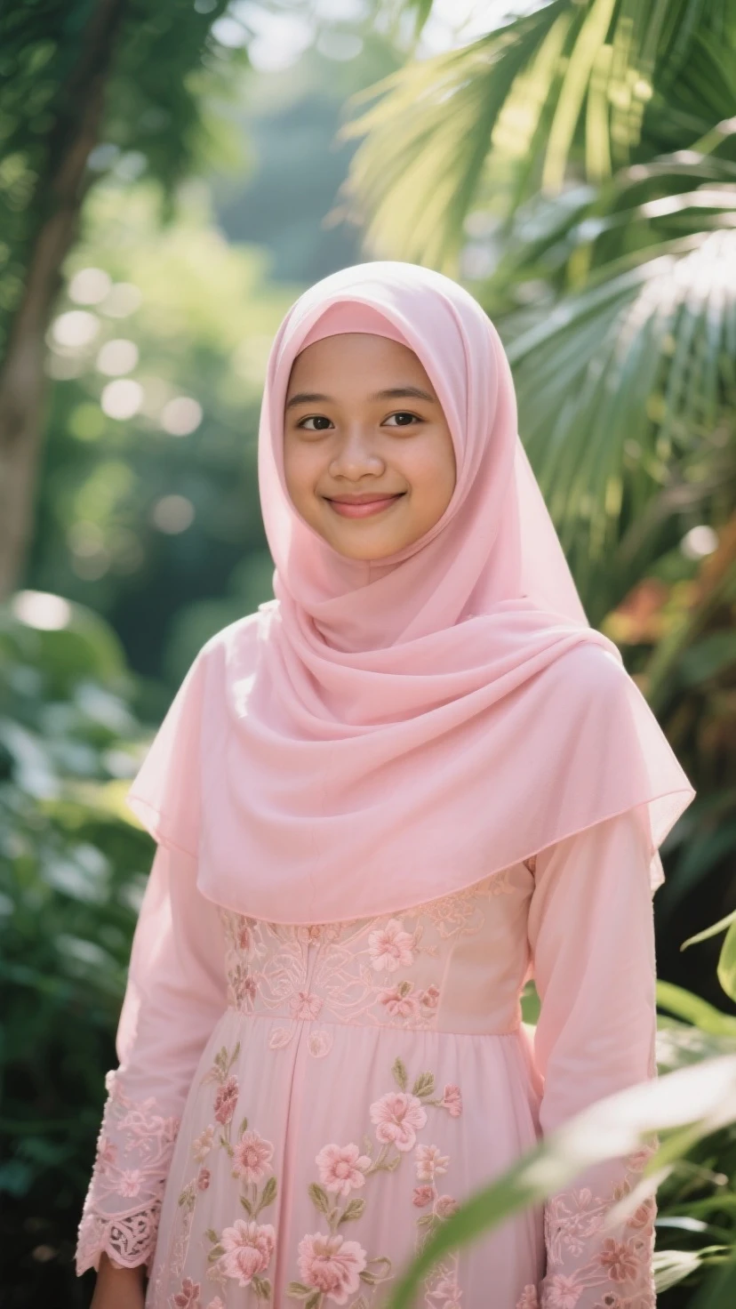 adorable, malay girl, 1 girl, (face to face), 10 years old, baby face, happy, full body portrait, (face details: 1), (eye details: 1), ((small breasts)). wearing transparent white long shirt, hijab, .. Cute posed. proportional body. Ultra High Res. realistic: 1.4, UHD
