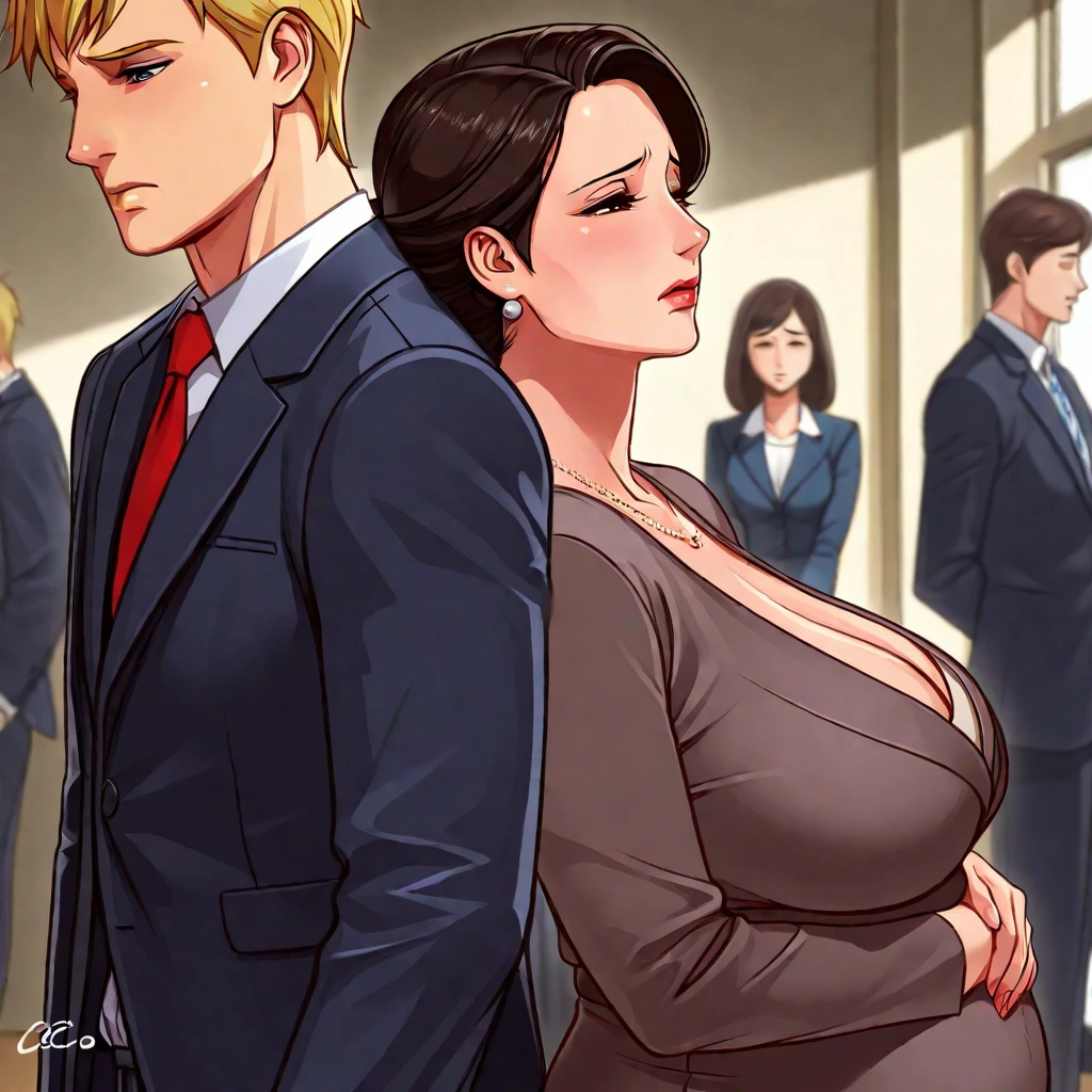 Chubby japanese sexy mature woman (50 years old), long straight black hair, sexy mini white summer-dress, sexy neckline, standing up with tall men, night club, lot of men watching, men grabbing her breast and crotch , posing for group portrait, kissing