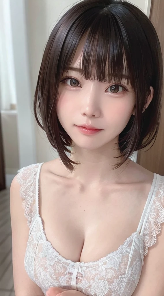 see through,Beautiful and fair、Radiant Skin, 3 Up, Gorgeous, bright, Refreshing and gentle expression, Perfect beautiful face、Beautiful shiny bangs, A very beautiful 17 year old girl, Eyeliner, Very perfect eyes,Very large breasts,Grooves reveal original skin,Muscular body,Khaki Lace Yoga Wear,Pink short hair