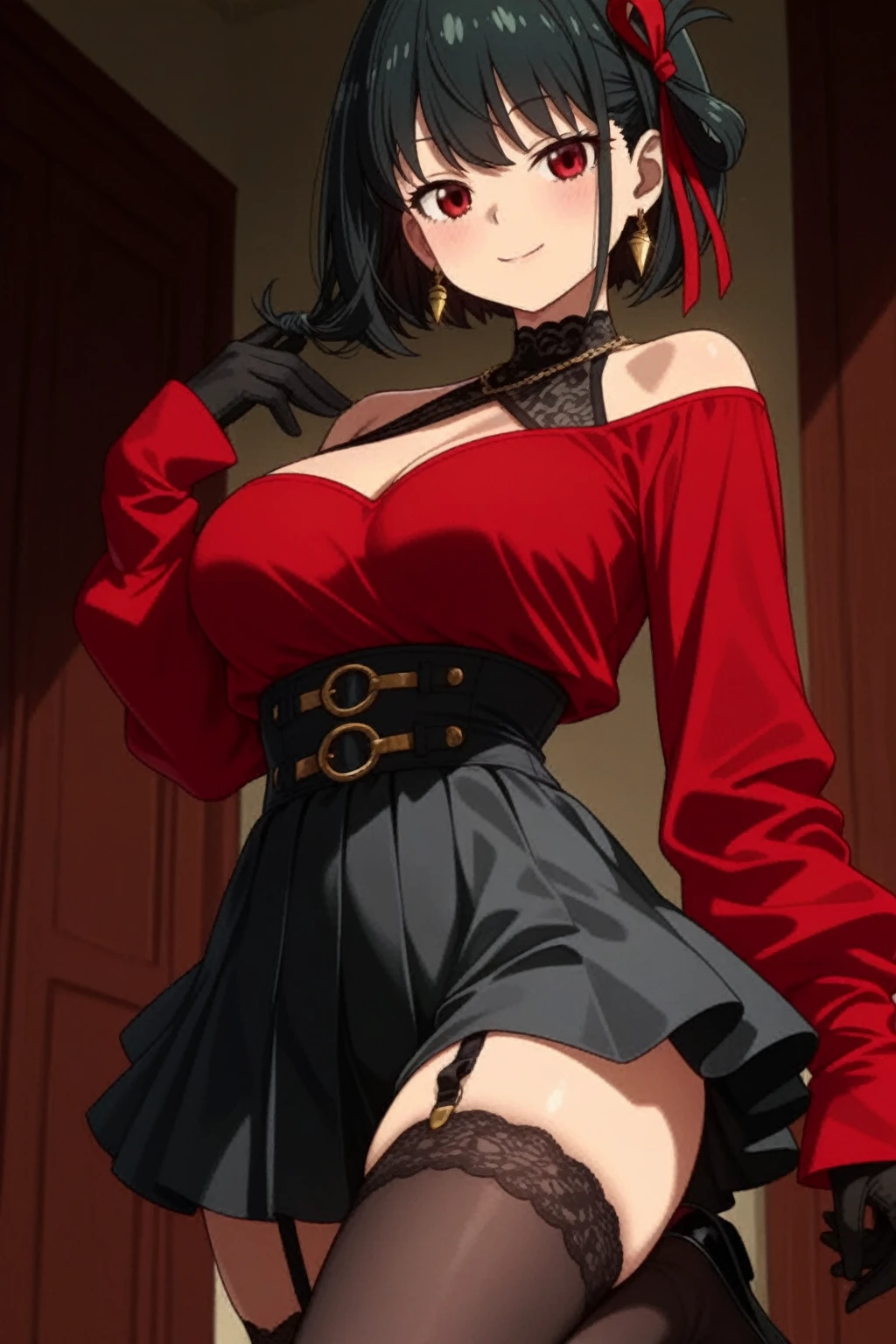 
solo、１people、midnight、、Sexy kunoichi、Atrial surgery、Alluring、Demon、Gorgeous busty mature woman、Black Hair、Folded ponytail、Black Ninja Uniform、Lock the curtains、Black Mask、Red scarf、Applying a bandage、Hand guard、Instep、Rinpyo Tousha Kai Jinretsu Zenkou