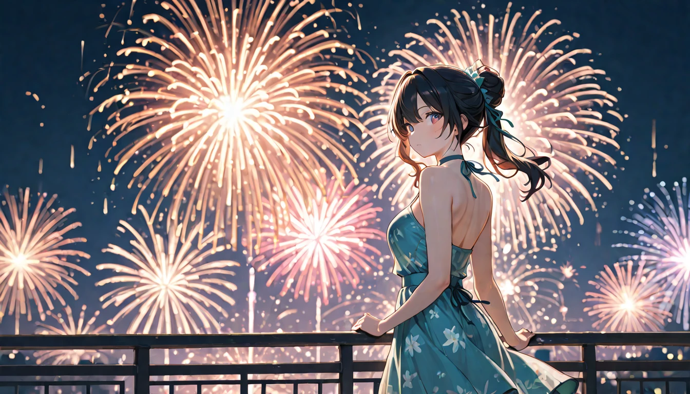 1girl, (small breasts),night, solo, , hair ornament, wet,a white long skirt,  water, fire works，Colorful fireworks display，hanabi,Half of the picture is a fireworks background, outdoors, sky, black hair, off shoulder,bare shoulders, , standing, night sky, ),obi, bangs, from side, (((masterpiece),(extremely detailed CG unity 8k wallpaper),best quality,,solo,1girl,cinematic lighting,detailed background,beautiful detailed eyes,bright pupils, (an extremely delicate and beautiful),(Beautiful and detailed eye description)， ultra-detailed,masterpiece,)),