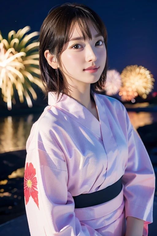 Fireworks Festival in Kyoto, Sexy woman  black yukata and , Blonde Shorthair，Gorgeous 20 year old Japan woman, sexy look at the camera, Good Young J Cup Bust Girl