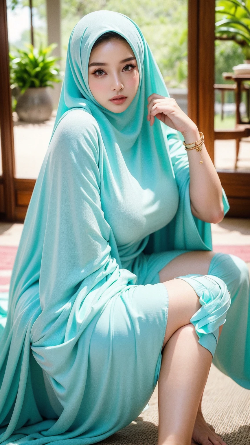 Young japanese 16 years old wearing hijab, Turquoise color hijab, nighttime, front view, slim, slim abs, small waist, big hips, bright lighting, white lighting, detail moist skin pore texture, wrinkles, mole below eyes, bokeh, sexy body, wearing detailed hijab with transparent long dress silky moslem clothes, realistic skin, seductive pose, seducing, sensually model pose, looking viewers, soft focus face, magazine cover, hyper realistic photos. Photo taken with Fujifilm XF 56mm f/1.2 R Lens. 35mm, high detailed, wallpaper quality, good anatomy, body, hand & fingers (lora:add_detail:0.8)