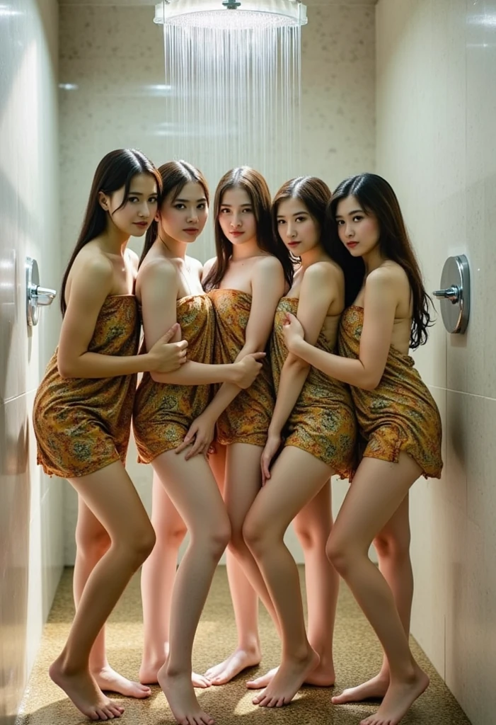 (8k RAW Photo, full body photograph, sharp detail, crisp detail, high detail, rich detail, proffesional lighting, 17 years old girl, medium breast, ideal body, full body photograph), anya geraldine, anya_geraldine, (naked,nude), taking shower with her friends, in a crowded school bathroom, really wet, BSP