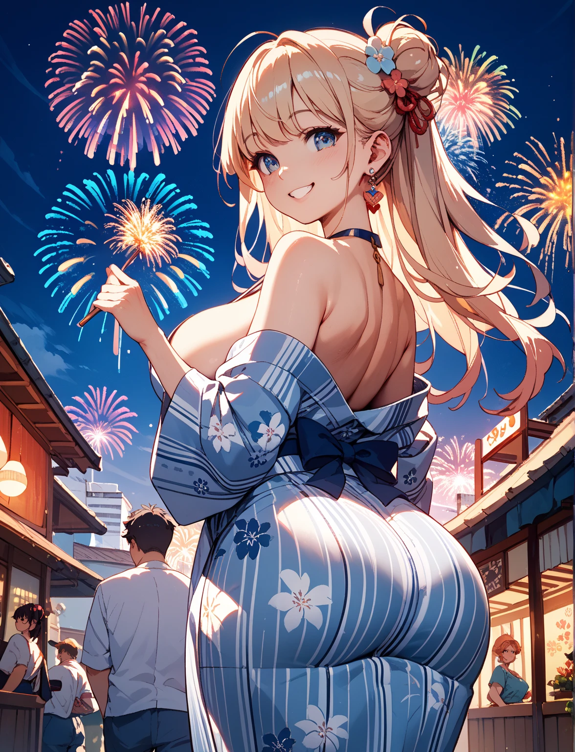 BREAK (masterpiece, best quality:1.5), (high resolution 8K), detailed body, 
BREAK 1 lady, 25 years old, blonde hair, long hair, wavy hair, huge breasts, chubby,
BREAK  yukata, floral print,
BREA (scenic view:1.3), fireworks, night sky, river side, (from behind:1.1), from below