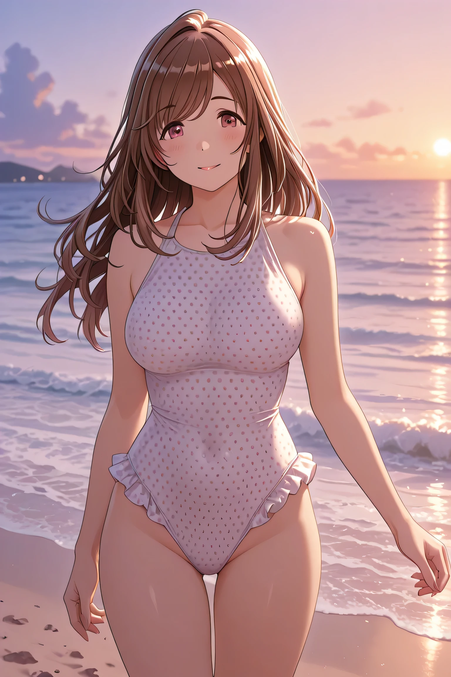 Anime girl, thick and curvy, long curly brown hair with bangs, brown eyes, pastel coquette aesthetic

