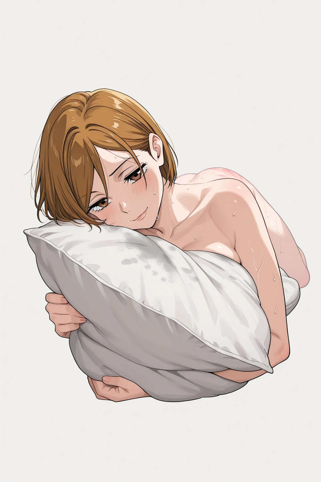 on the bed, rating_explicit, uncensored, source_anime, detailed eyes, Nausicaa, red hair, large breasts, round ass, nude, blowjob, fellatio, oral, penis, closed eyes, head grab, blush, cum, cum in mouth, 1boy, pov, solo focus