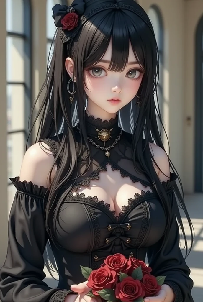 bloom, Lens Reflection, (8k, to be born, Professional, Highest quality, masterpiece: 1.2), (Realistic, photoRealistic: 1.37), Very detailed, (Wide-angle 25mm portrait), (Most detailed skin: 1.2), Very detailed顔, Cinema Lighting, One Girl, Black curly hair, (the wind is strong), Standing on the couch, Dark Light, Looking into the camera, Big Breasts, black and red blouse