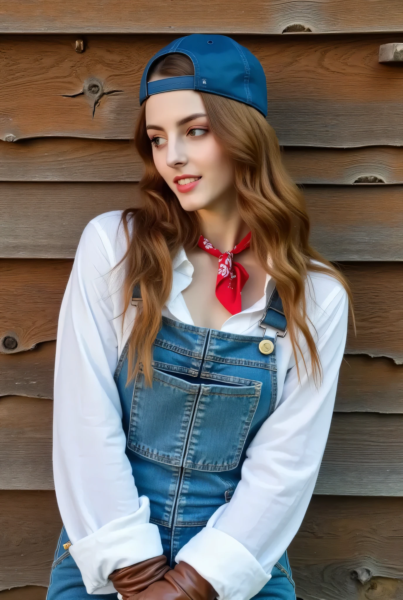 Softly lit portrait of woman standing against weathered wooden planks, beneath blue denim overalls with metal clasps at shoulder straps and front pocket. Long hair cascades down shoulders in gentle waves. Warm tones and soft focus evoke a sense of cozy intimacy. white shirt, backwards hat, blue baseball cap, red neckerchief, gloves, reverse hat, shirt folded, large