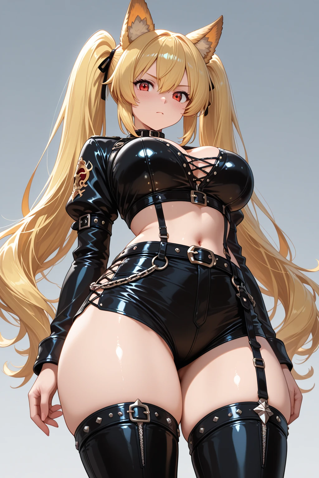 Anime Kawaii sexy Perfect Slim sensuous body large breast and huge thighs, An intricate and highly detailed illustration of anime (Young girl) ((best qualityer)), ((work of art)), (detailded:1.4), 3d, HDR (high-range dynamics), ray tracing, nvidia RTX, Super-resolution, Irreal 5, underground dispersal, PBR texturing, Post-processing, Anisotropic filtering, Depth of field, Maximum clarity and sharpness, Multilayer textures, Albedo and Specular Maps, Surface shading, Accurate simulation of light-material interaction, perfect proportions, octane rendering, two tone lighting, large aperture, Low ISO, White balance, (centred, scale to fit dimensions, rule of thirds), retina, super detaill, High details, high qualiy, awardwinning, best qualityer, high resolution, ultra HD, 8K CRU, (bright coloured:1.2), A European woman , Kristin Kreuk, 1 girl, (beautiful charming girl:1.6), breasts big, cute face, cute makeup, Long straight red hair, russet hair, (((black gold_eyeballs:1.3))), detailded symmetrical beautiful green human eyeballs, perfect big green human eyeballs, expressive eyeballs, big red limps, chubby one-armed woman, Big shy smile, glad, (delicate smile:1.4), detailded human hands, gold and black futurist uncovered belly skintight crop sport top and underpants, Microfiber Lycra Sports Shorts, zippered top and panties, slightly unzipped zipper, high tech knee high boots, revealing clothing, (detailded tactical gear:1.1), sensuous, appealing, slutty, seducer, erotic, full body posture standing, ela posa de forma dinâmica e sensuous, his captivating expression fixed directly on the camera, precise, anatomically correcte, texturized skin, background in port space, realisitic, futurist, Fantasyart, beautiful epic composition.