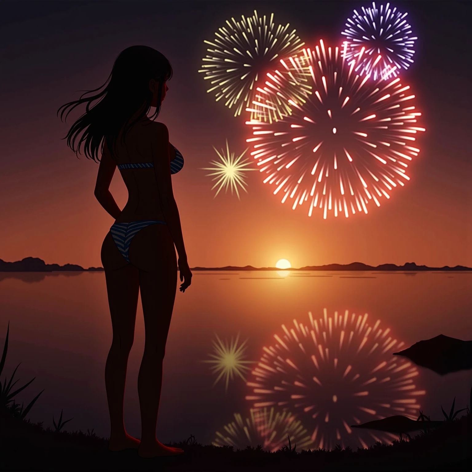 Vast night sky pictures,((Top quality:1.4),(Unparalleled masterpiece),Night Sky: 1.4,(Fireworks: 1.4, Aerial Fireworks: 1.4), highly detailed 8k CG unit,,Bokeh,Depth of field,, Beach, Sea, Volumetric Lighting,(Dynamic Composition: 1.4),Bikini girl standing on the beach, character 0.3, Very detailed, Colorful details, (Iridescent: 1.2), (glow illumination, atmosphere lighting), dreamy, magical, (solo: 1.2),