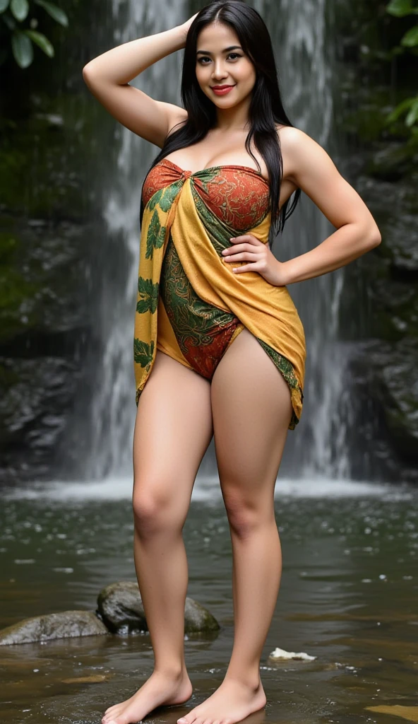 A Beautiful Girl, Fair-skinned, full body image, 20 years old, close up, (gorgeous face, face shape., beautidul eyes, Beautiful Nose, Red bikini), (long-haired), ((Thai sarong)), ((bathe)), ((enormous breasts, breast augmentation, huge breast)), (((beautiful legs, Slender Legs), (body dripping wet), rice fields background, folk, natural