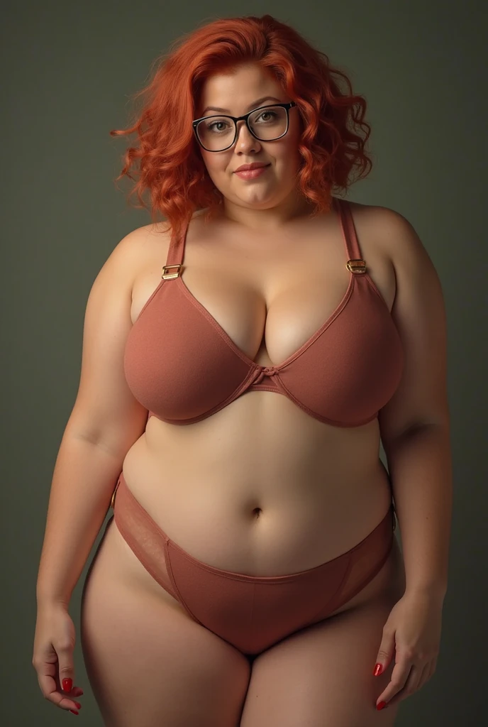 Velma Dinkley from Scooby Doo soft innocent looking fat face glasses red freckles. Short pageboy hairstyle. Extremely obese body and belly orange bikini full body shot. Legs and bare feet.