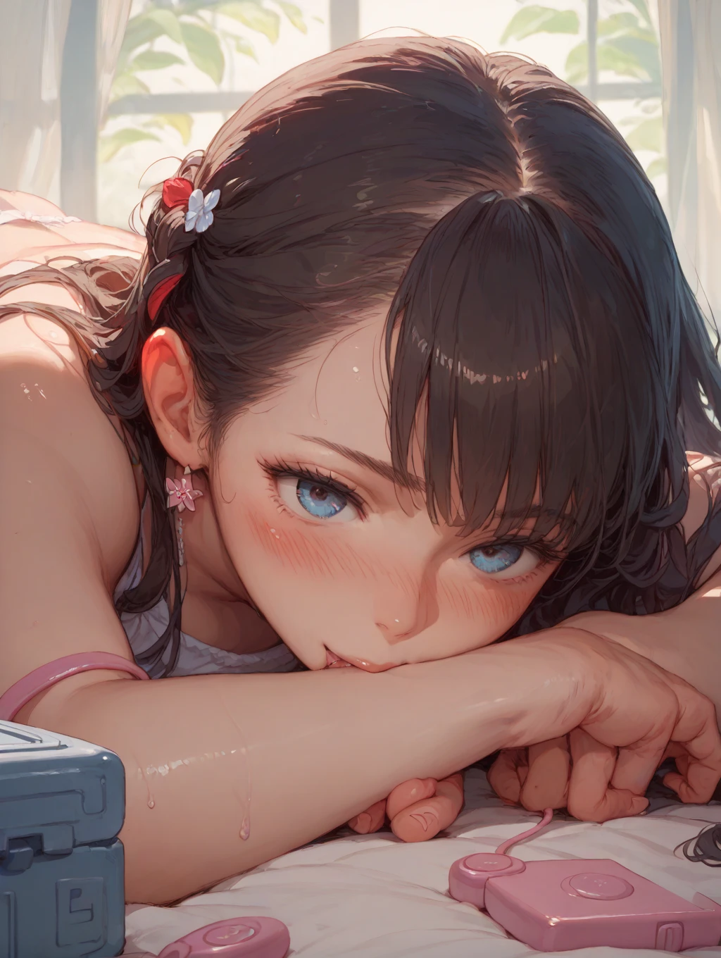 (Highest quality, masterpiece, Ultra-realistic), Beautiful and delicate１５Year-old girl portrait, With a calm and gentle expression, The background is the bedroom in my own home.、I am studying hard at my desk.、camisole、Bust is C cup