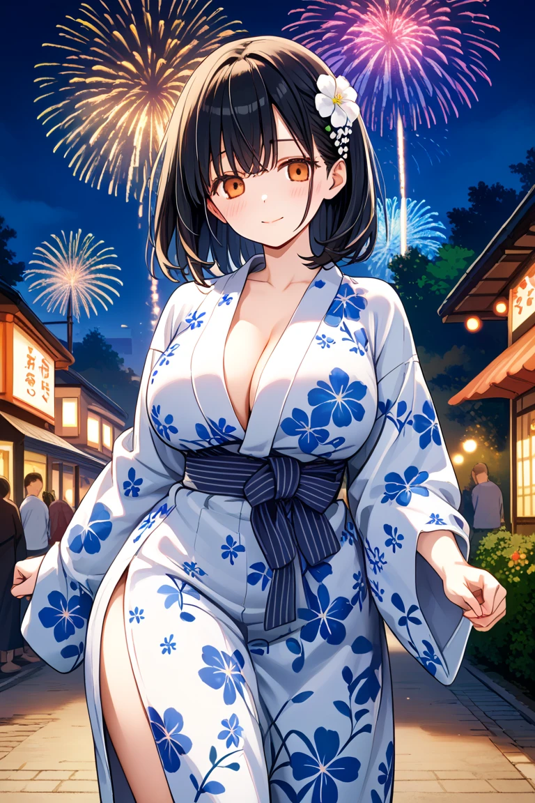 masterpiece, high quality, highly detailed, 16k resolution, beautiful illustration, delicate depiction, anime-style, beautiful girl, large breasts, small waist, fair skin, stunning, apple candy, enjoying, happy, summer festival, lots of people, lively, colorful, festival stalls, lanterns, night scene, starry sky, no clouds, beautiful black hair, long, silky, shiny, traditional yukata, summer, smiling, adorable, intricate face, bright eyes, artistic depth, emotional impact, enchanting atmosphere