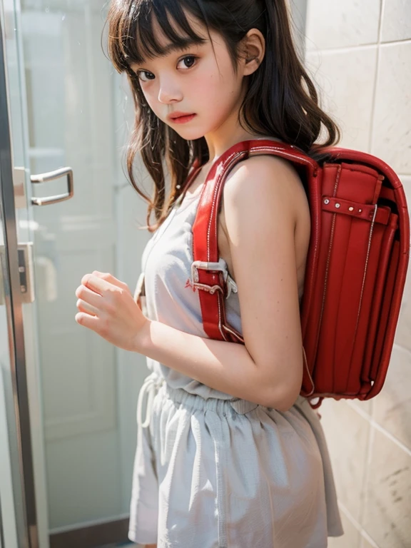 beautiful, masterpiece, highest quality, Highly detailed face,  Perfect lighting, One girl, alone, sketch, Marnie (Pokemon), Green Eyes, Asymmetrical bangs, Backpack, bag, black choker, black Jacket, Blurred, Blurred background, choker, Mouth closed, dress, From behind, indoor, Jacket, Long sleeve, View your viewers, Recall, Off the shoulder, pink dress, red bag, alone