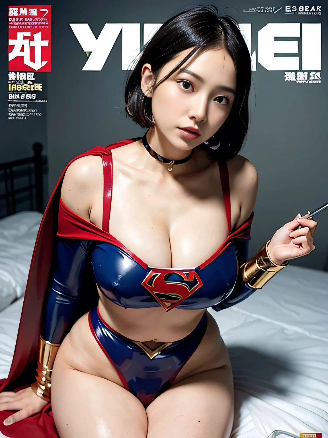 highest quality、masterpiece、Short-haired Supergirl sleeping on the operating table、plump breasts、look at the camera、choker、long sleeve、barefoot、magazine cover、High leg、red mini skirt、tight costume、confused、wide open legs、obscene、Show a glimpse、Glamorous、off shoulder、model body shape、
