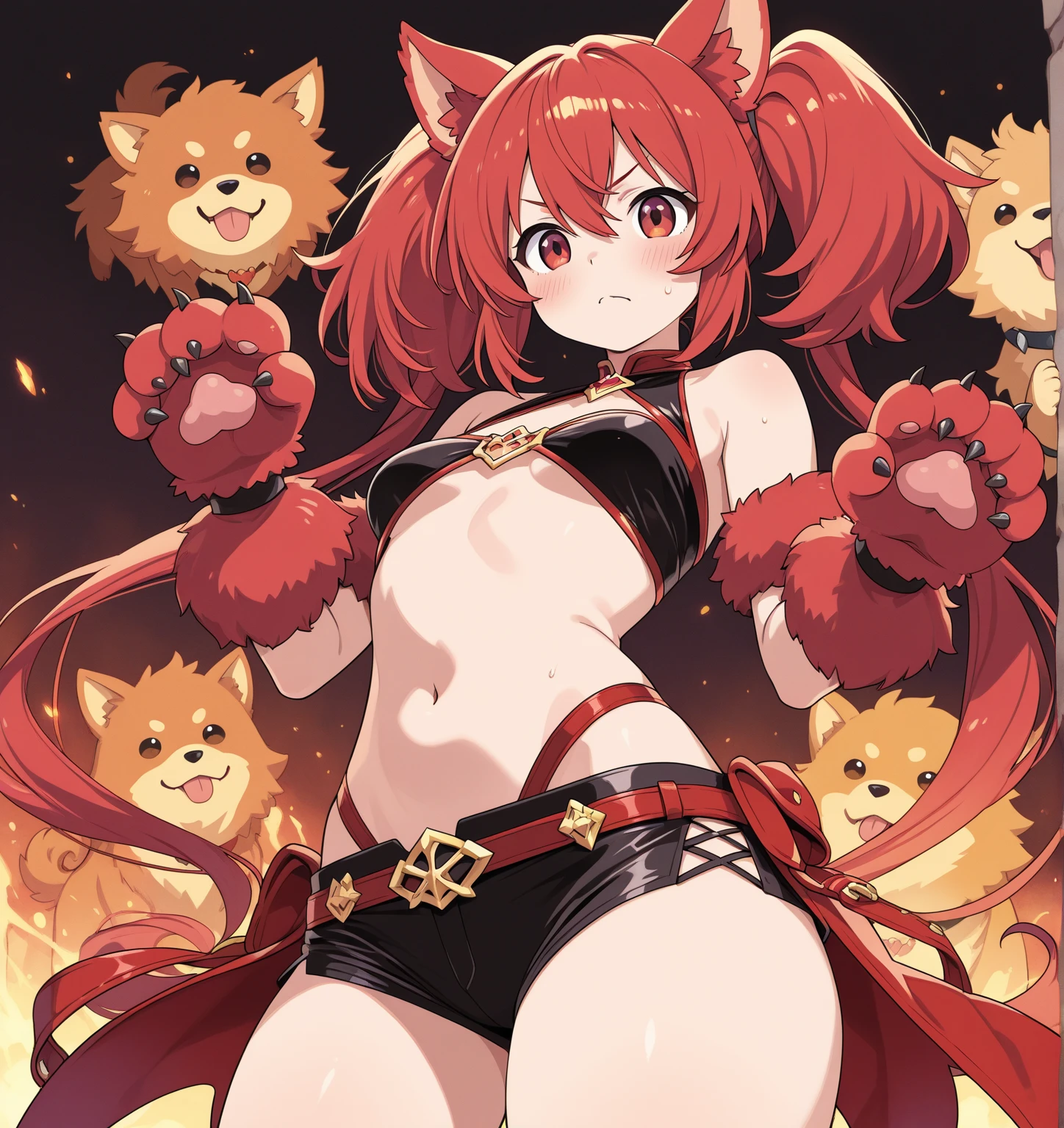1girl, absurdres, animal_ears, armor, bare_shoulders, cerberus_(shingeki_no_bahamut), choker, contrapposto, dog_ears, gauntlets, greaves, grin, halo, hand_puppet, highres, long_hair, midriff, navel, photoshop_(medium), puppet, purple_thighhighs, red_eyes, red_hair, scan, shingeki_no_bahamut, side-tie_bottom, smile, solo, standing, tachikawa_mushimaro, thighhighs, twintails, very_long_hair
