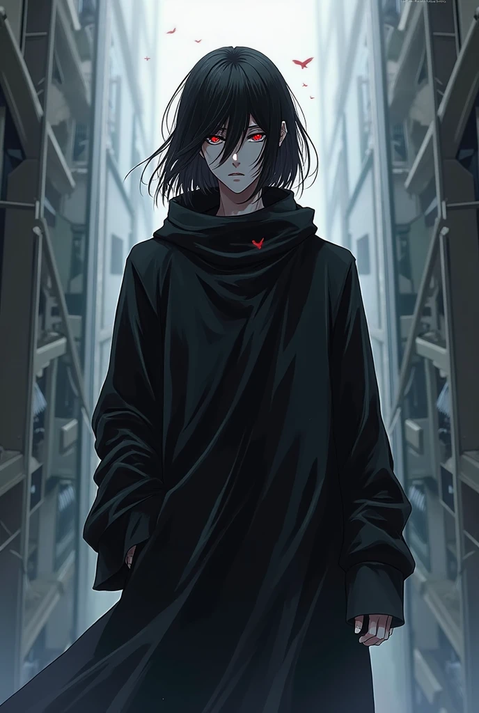 a guy with pale skin, half human and half demon, black clothes stained with blood, red eyes, long black hair and dark romance