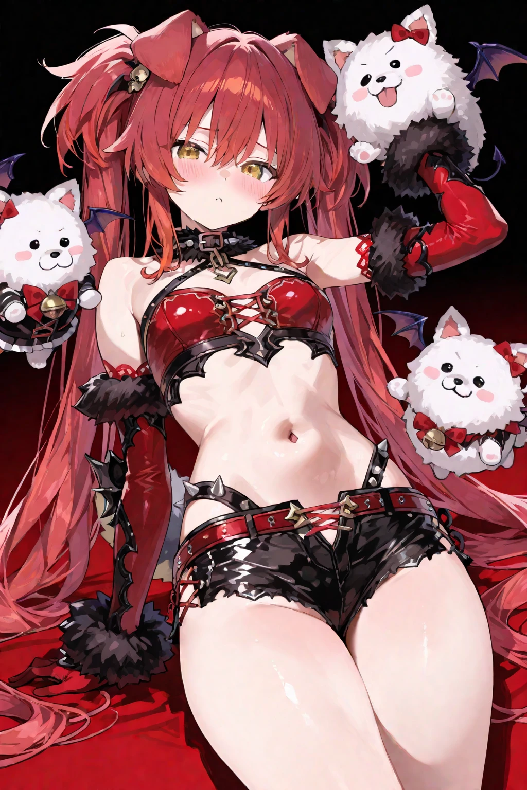 Top Quality, Masterpiece, High Definition, Very Detailed, 8k, One Girl, Cute, Anime, Crystal Clear White Skin, Sensual, Full Body, 2nd Grade of Junior High School, 13 Years Old, Beautiful Cute, Bow on Head, Too Many Hair Ornaments, Cute Micro Bikini Style, Crazy Worldview, Bloody, Eyes Glowing Suspiciously Red, Fairyland, Back road, crazy smile, bright red oasis, hand on crotch, inviting