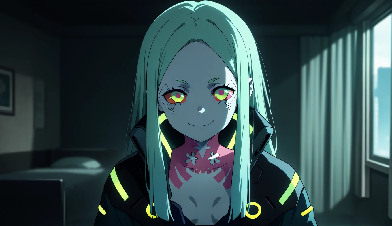cyberpunkrebecca, <lora:cyberpunk rebecca s1-lora-nochekaiser:1>, 
rebecca, long hair, (green eyes:1.3), green hair, colored skin, colored sclera, white skin, (red sclera:1.2), artificial eye, mechanical eye, cyborg, (red pupils:1.2),
BREAK twintails, underwear, jacket, hairband, bra, black jacket, tattoo, black hairband, black bra, leg tattoo, partially unzipped, neck tattoo,
BREAK outdoors, city, moon, night, sky, clouds,
BREAK looking at viewer, (cowboy shot:1.5),
BREAK <lyco:GoodHands-beta2:1>, (masterpiece:1.2), best quality, high resolution, unity 8k wallpaper, (illustration:0.8), (beautiful detailed eyes:1.6), extremely detailed face, perfect lighting, extremely detailed CG, (perfect hands, perfect anatomy),