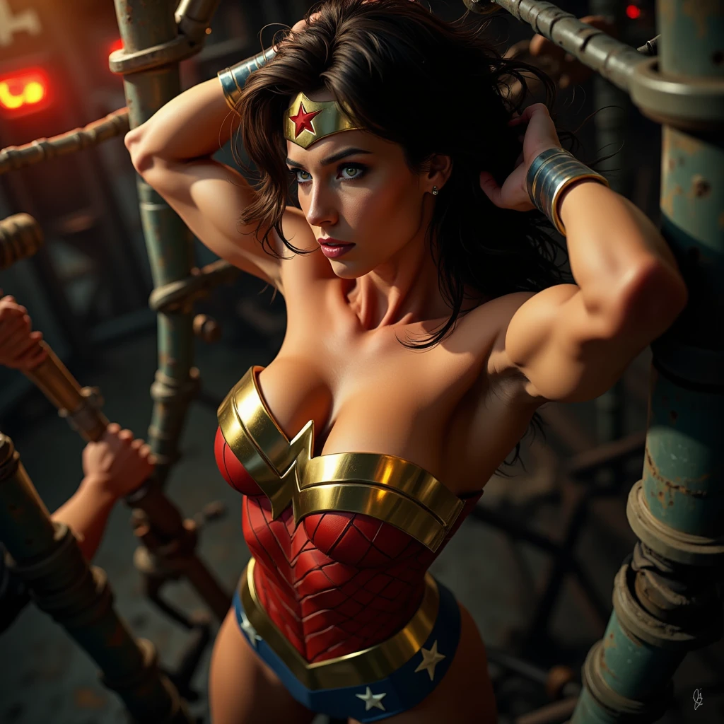 18yo,ponytail,(wonder woman :1.1),(damaged face:1.2),(Tattered costume:1.4),large breasts, erected nipples,cleavage of the breast,masterpiece, best quality,8k, abstract, psychedelic, neon, (honeycomb pattern), (creative:1.3), fantasy,nsfw,cameltoe,show off groin,groin focus,spread legs,from below,On the roof of a high-rise building,the morning sun,wet pussy,spread pussy,((Crying face:1.2)),from below,(muscular legs:1.3),(cum:1.2),((Shibari, arms behind back:1.4)), ((hands on back)), ((amarrada com cordas)), ((hands tied back)), ((rope restraint)),metal collar,(sitting:1.2)