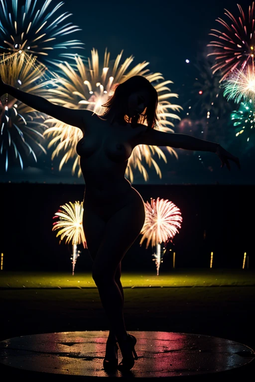asian young girl, front view, full body naked, closed eyes open mouth, full dark night, standing up on a rock open legs, back fireworks red and green NSFW