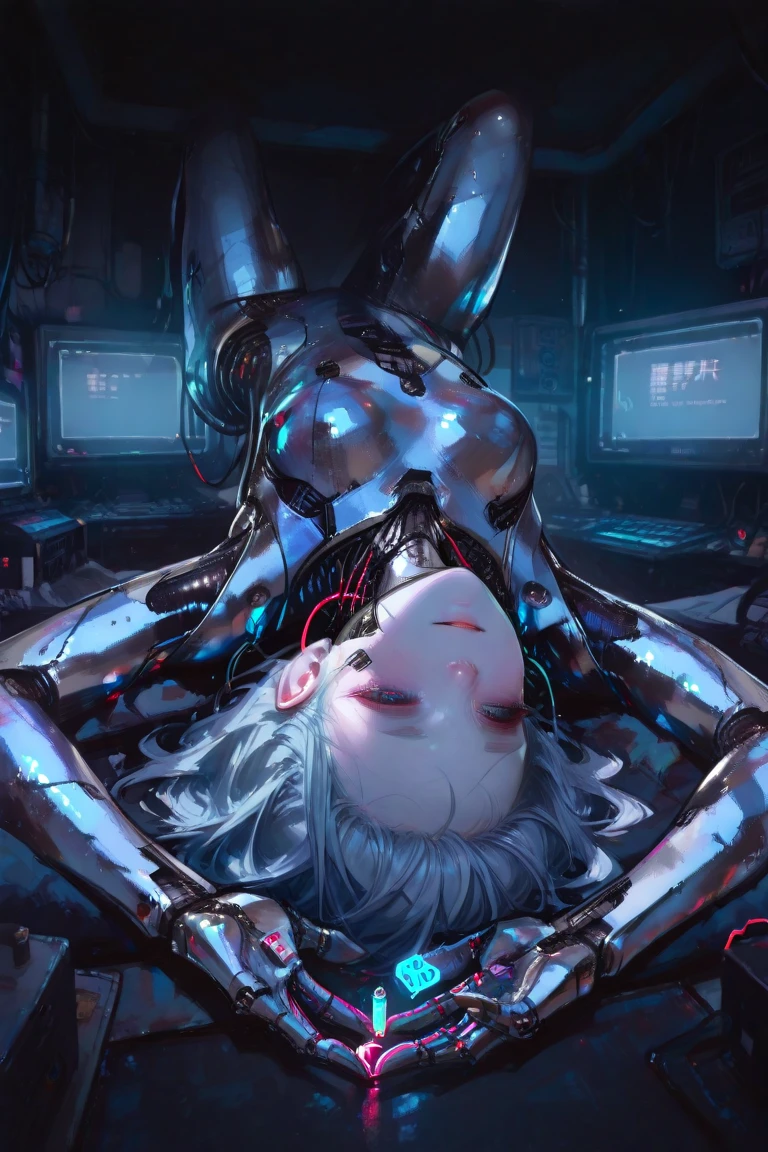 Just a girl, her body is fixed to a machine and experimented on, brainwashing, lots of blood, crying, tears, cruel experiments, the machine has a scientific futuristic look, limbs are bound, lots of machines, futuristic lab.