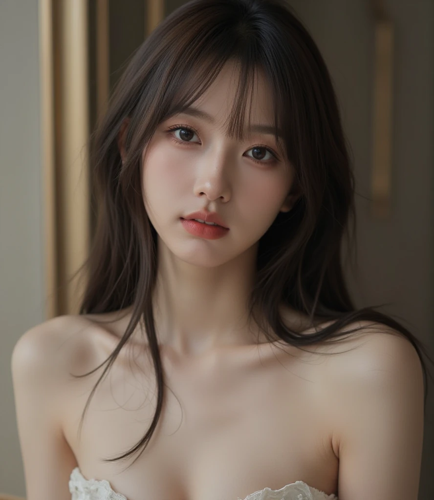 （From the outside） ， many color，Best quality at best，8K，Real photos，Delicate skin details，tmasterpiece，photograph of-realistic，Complicated details，RAW photogr，Court，Gorgeous cheongsam，Extra-long hair，cropped shoulders，delicated face，Expose cleavage，decorations，Perfect Finger，Dissection is correct，(Huge room，0.8)，shiny skins，arms on hips